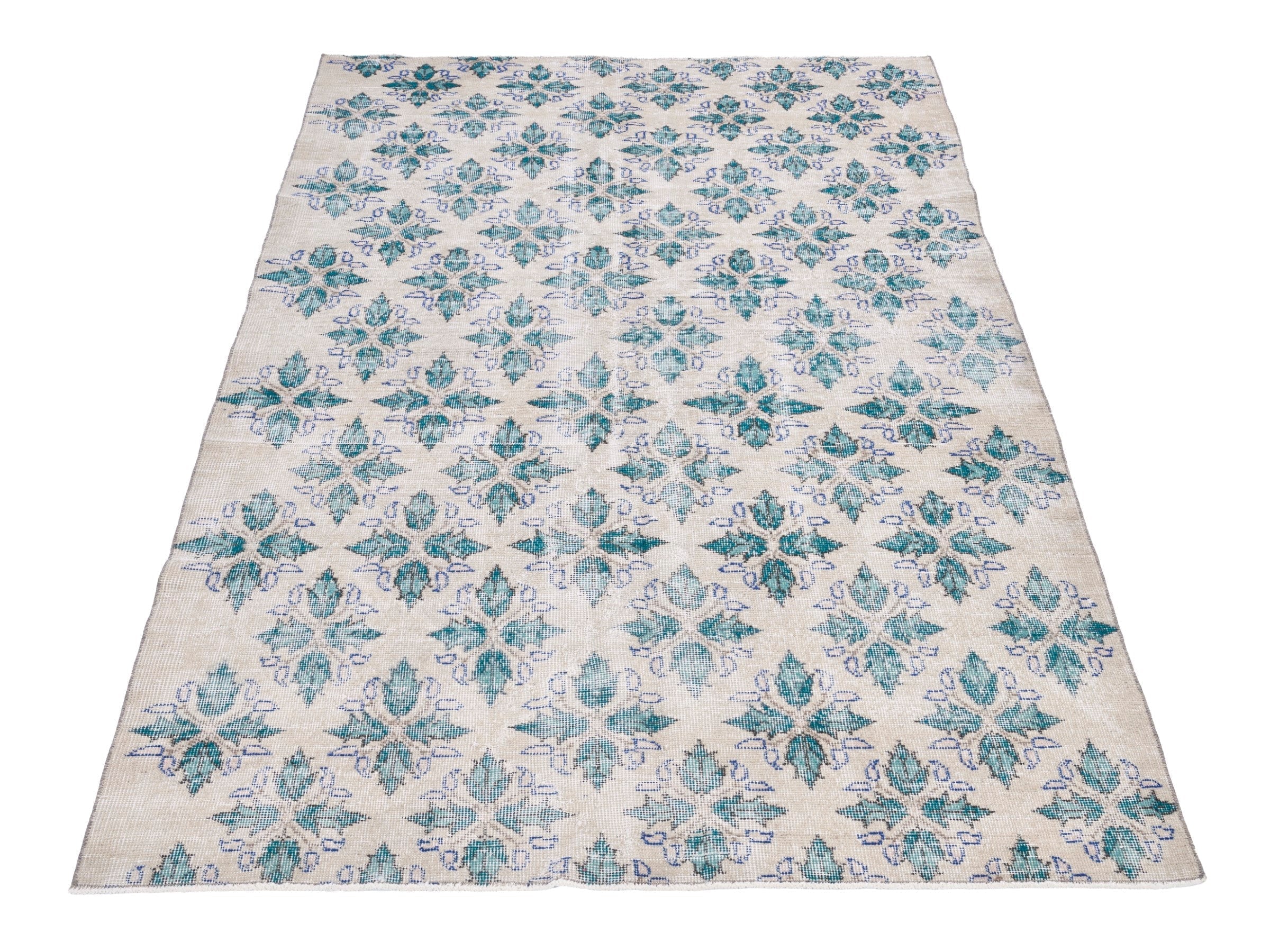 Turkish Isparta area rug in cream and teal, view 2 of 10