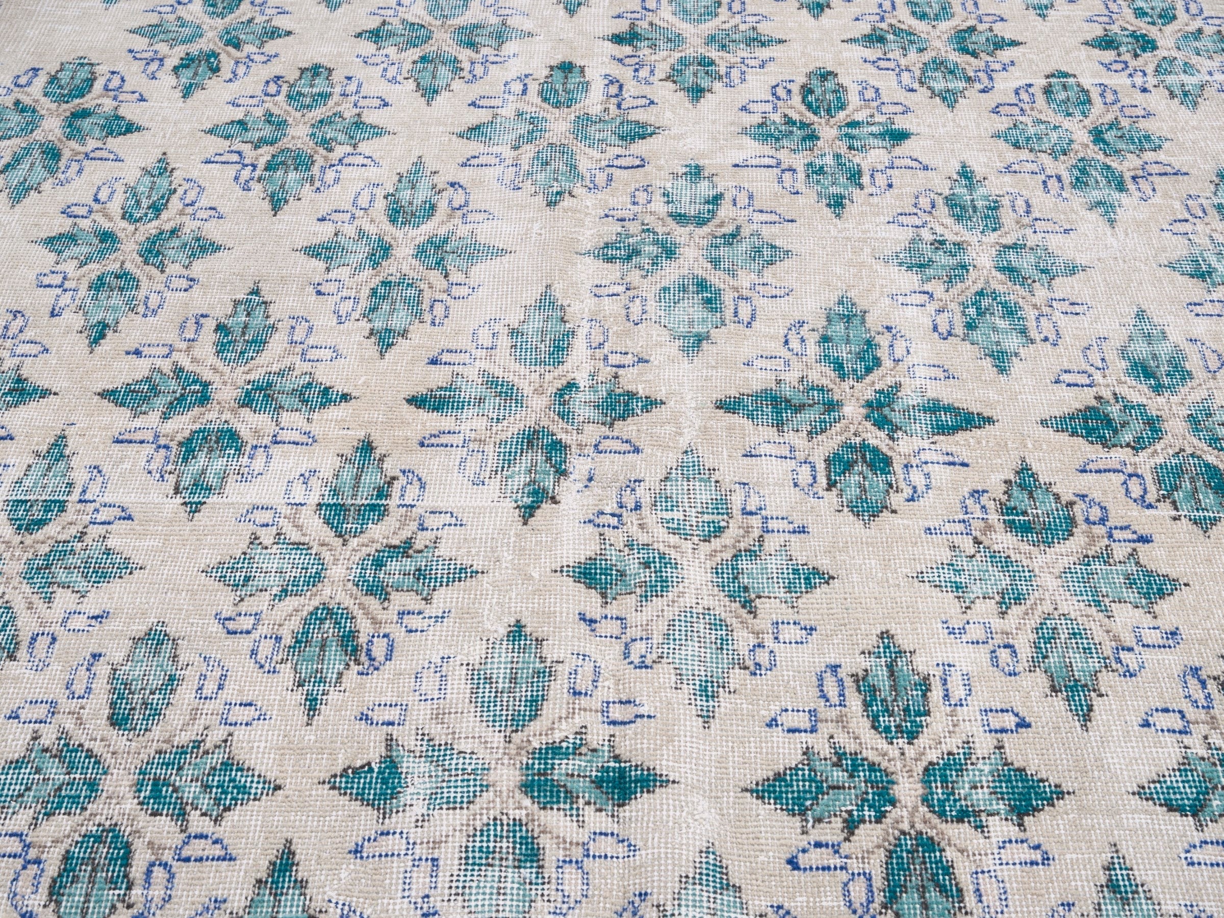Turkish Isparta area rug in cream and teal, view 4 of 10