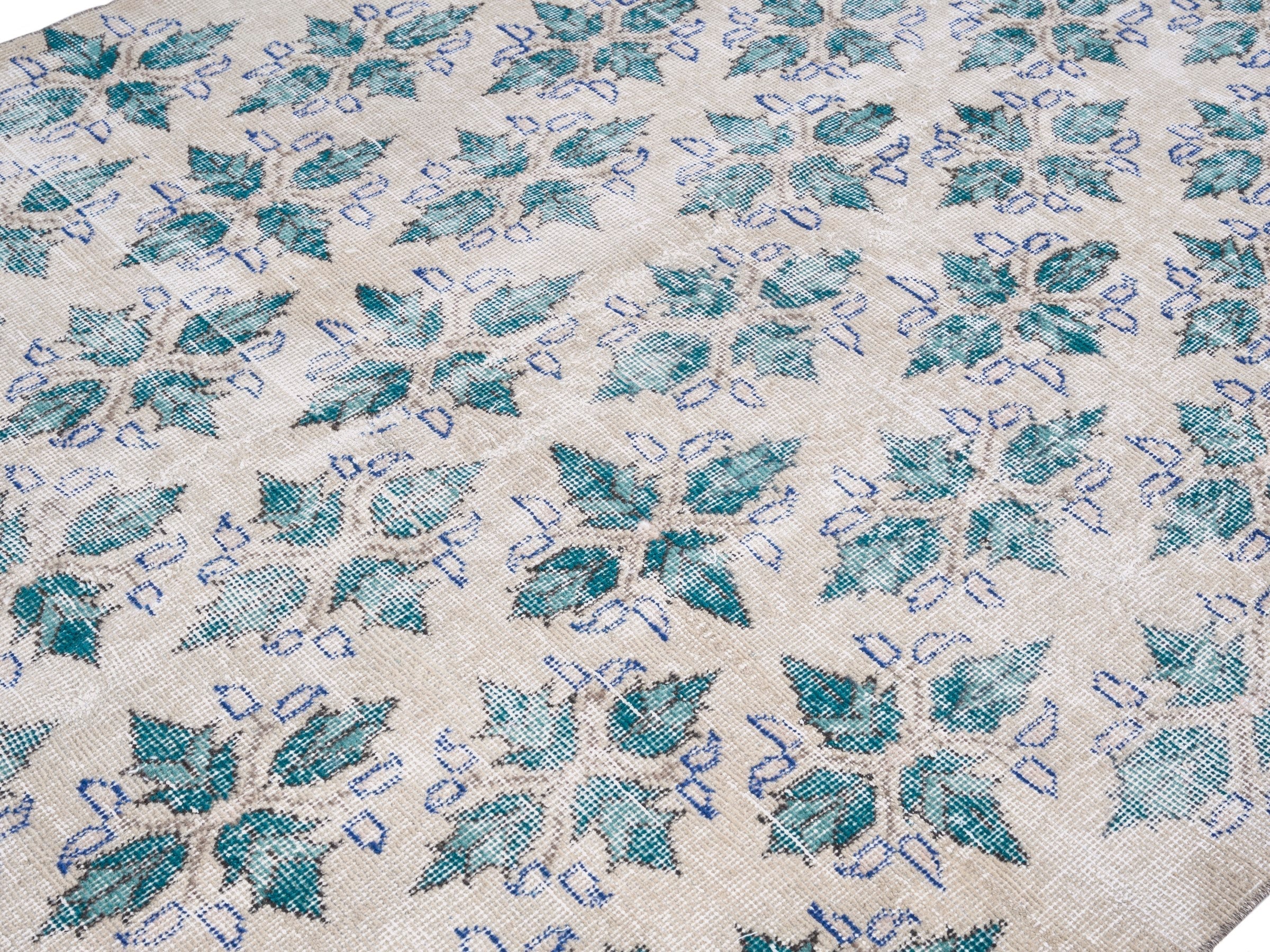Turkish Isparta area rug in cream and teal, view 5 of 10
