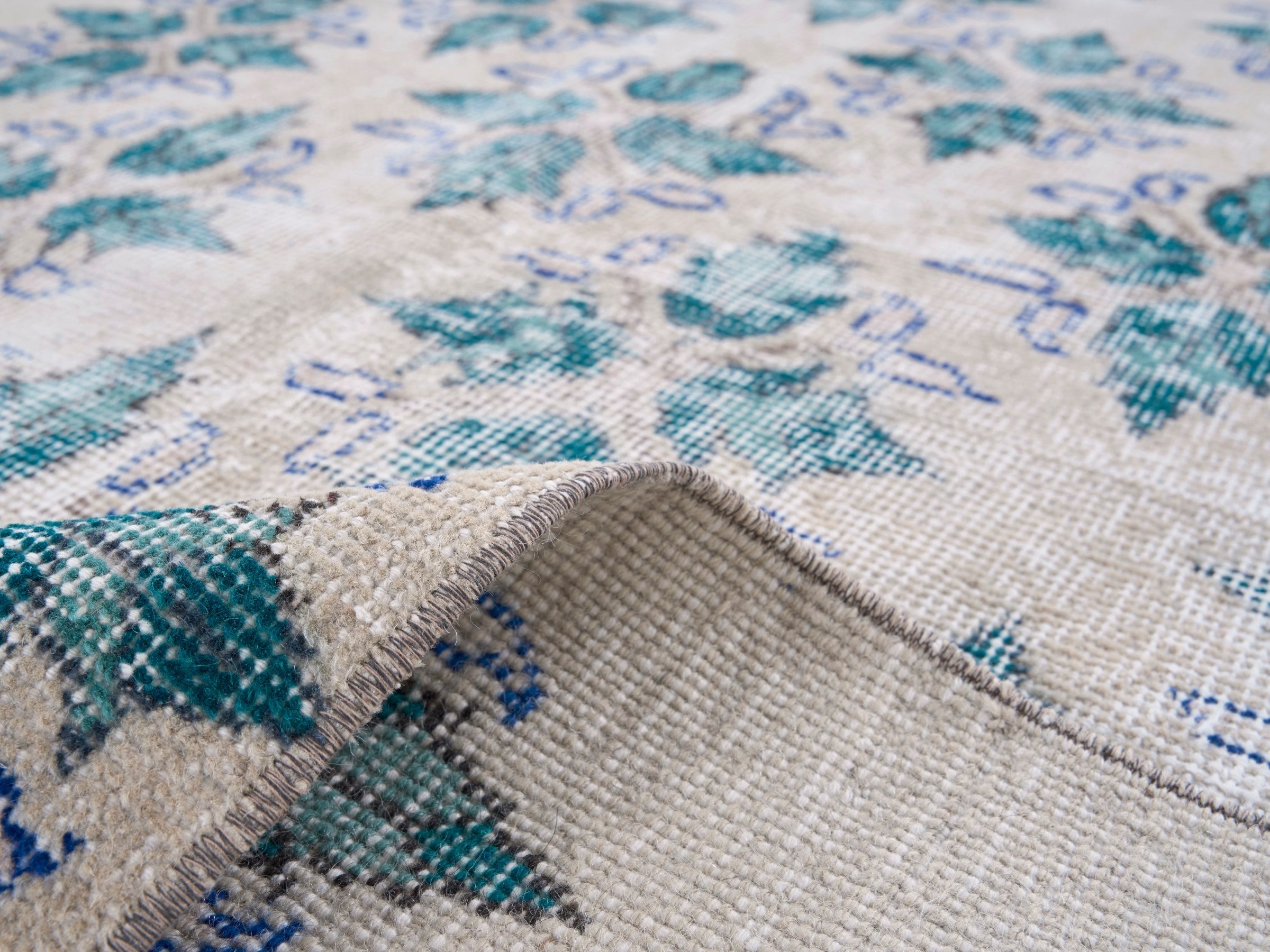 Turkish Isparta area rug in cream and teal, view 9 of 10