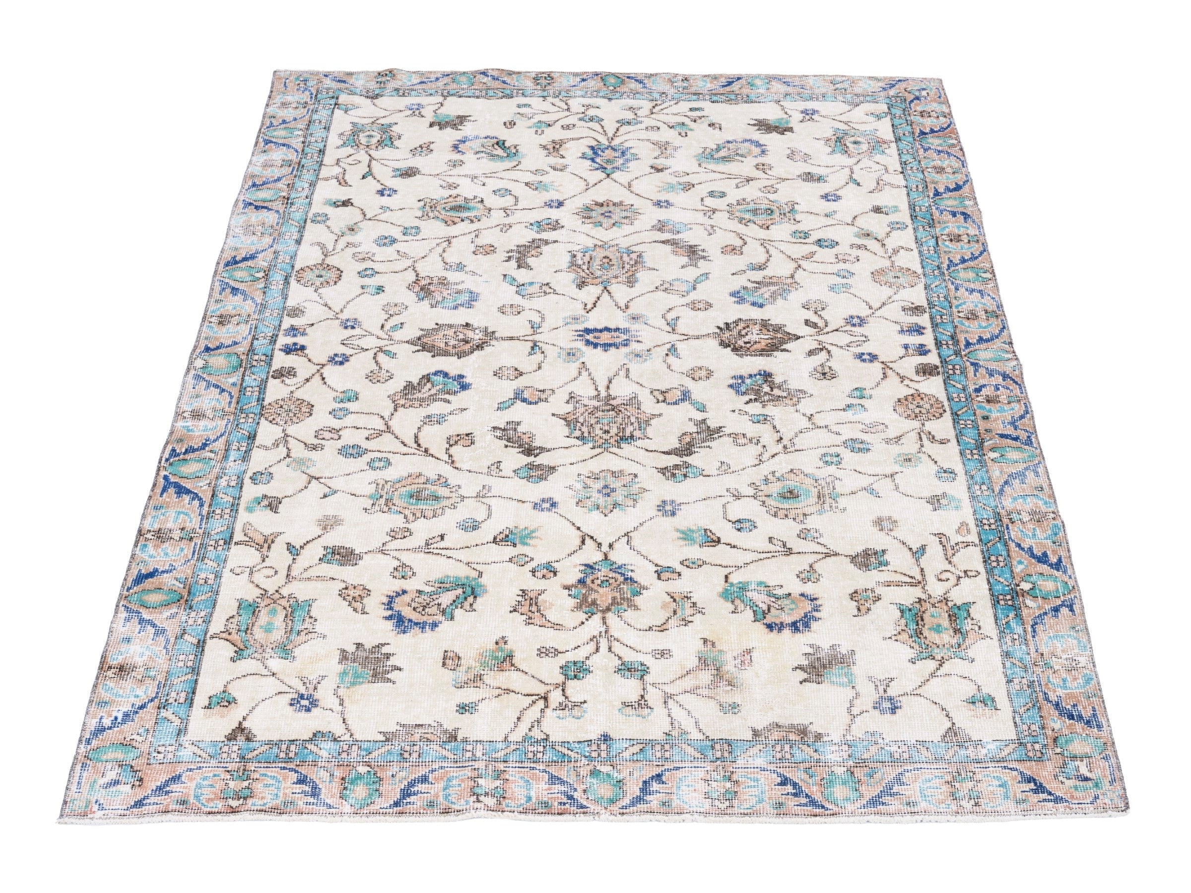 Turkish Isparta area rug in cream and dusty blue, view 2 of 10