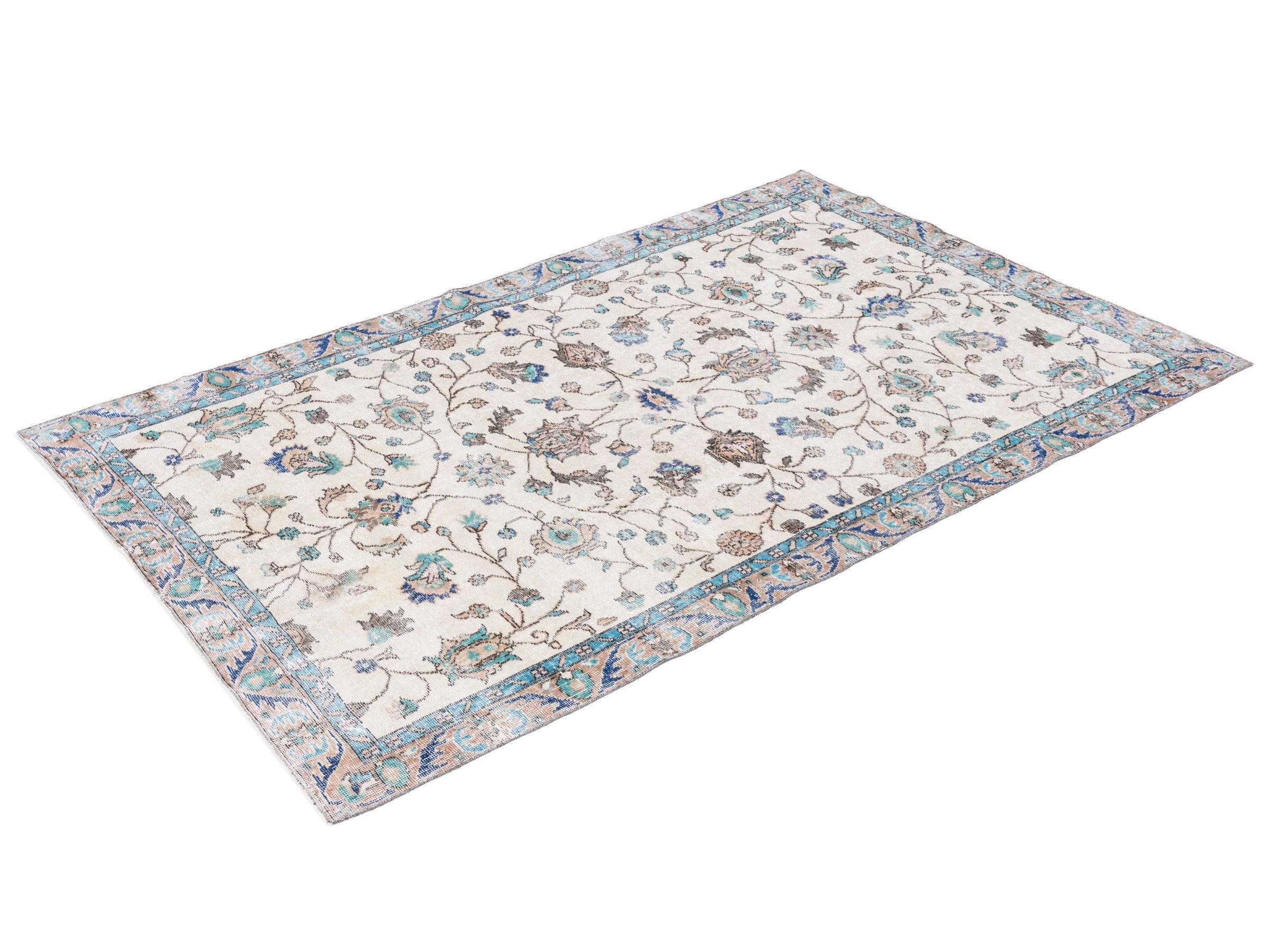 Turkish Isparta area rug in cream and dusty blue, view 3 of 10