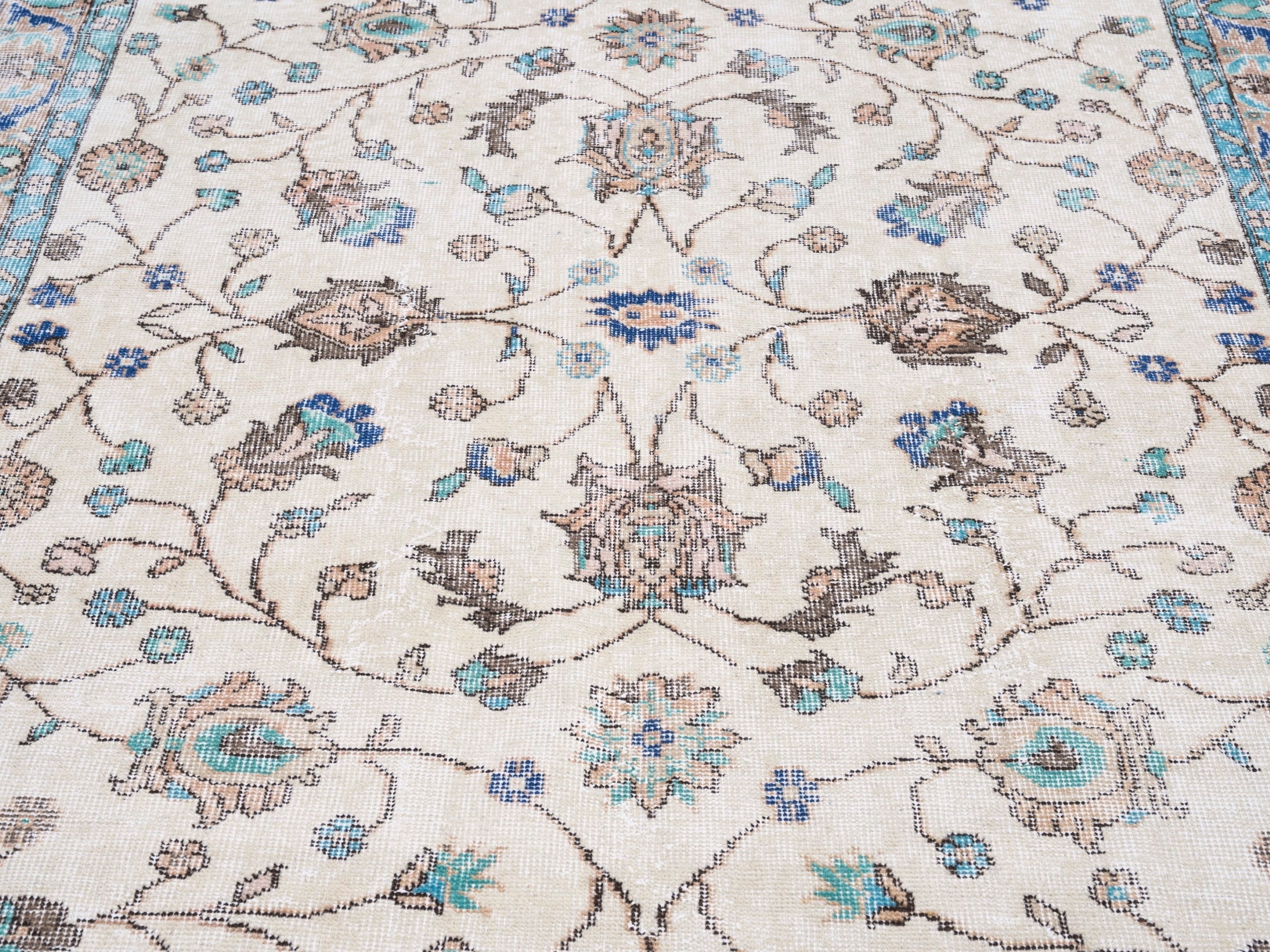 Turkish Isparta area rug in cream and dusty blue, view 4 of 10