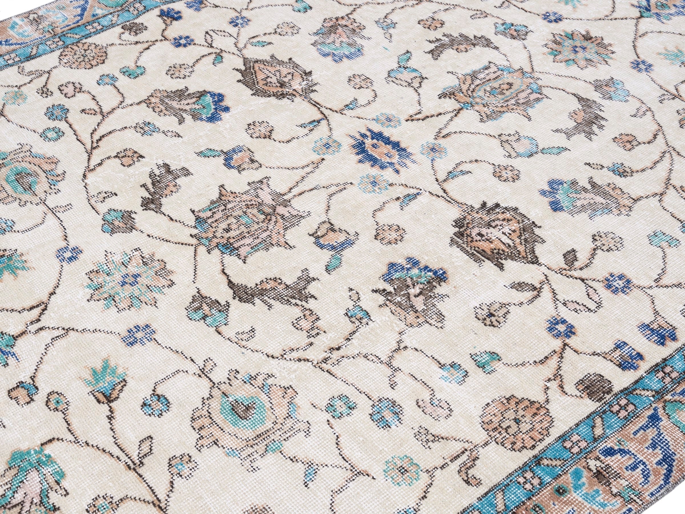Turkish Isparta area rug in cream and dusty blue, view 5 of 10