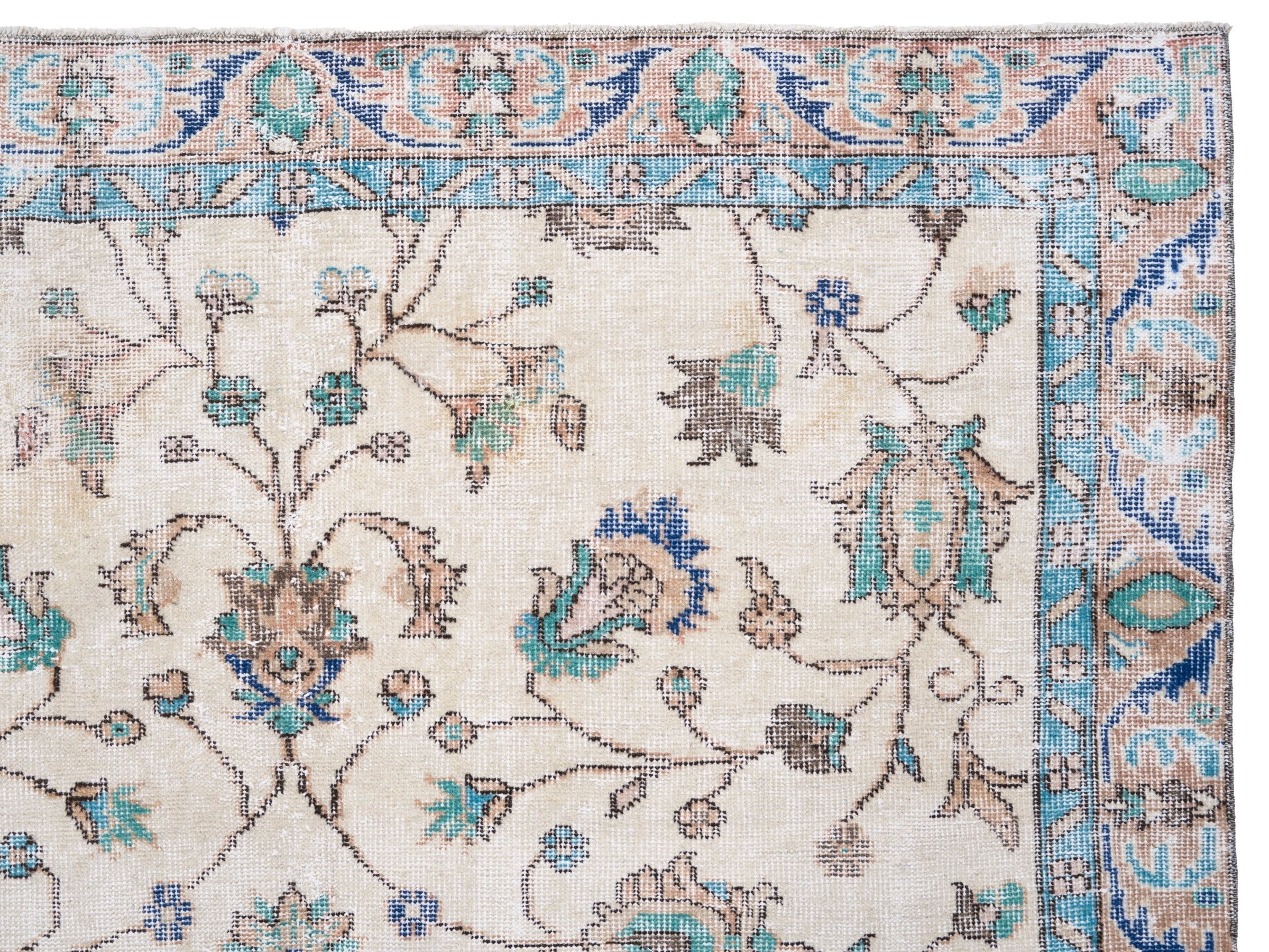 Turkish Isparta area rug in cream and dusty blue, view 8 of 10