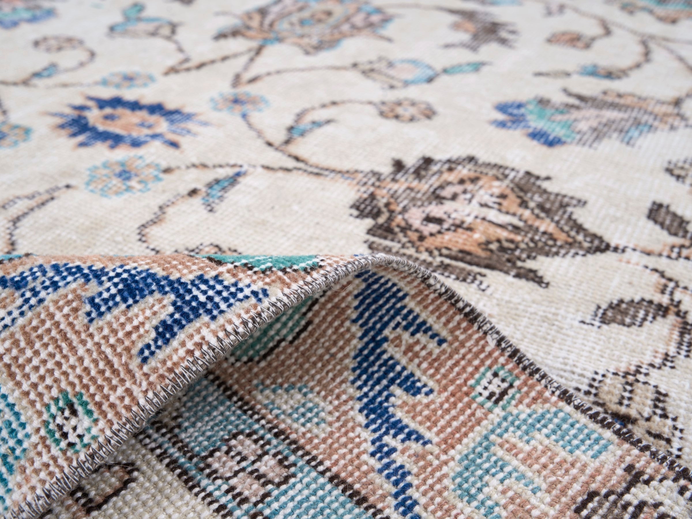 Turkish Isparta area rug in cream and dusty blue, view 9 of 10