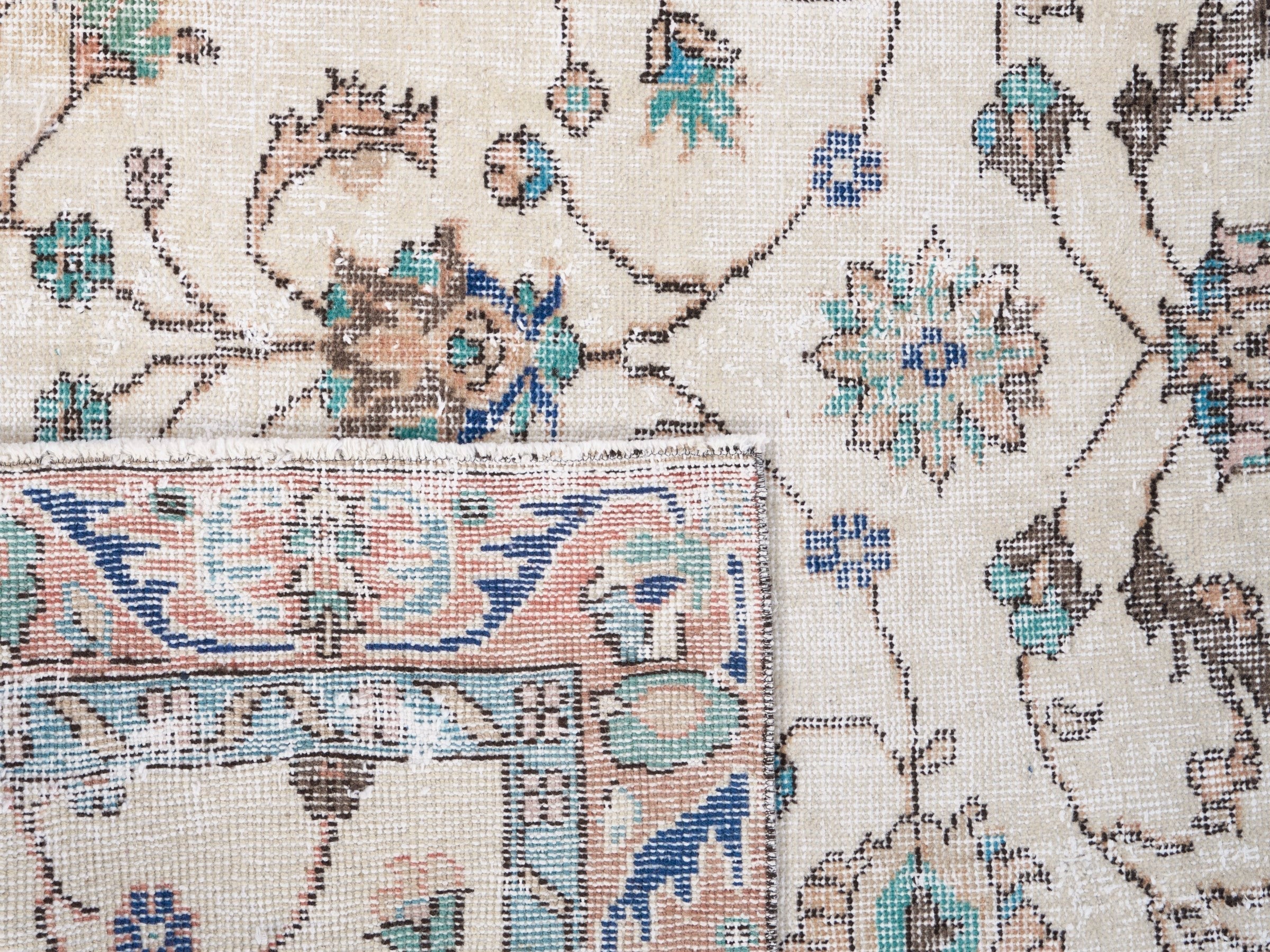 Turkish Isparta area rug in cream and dusty blue, view 10 of 10