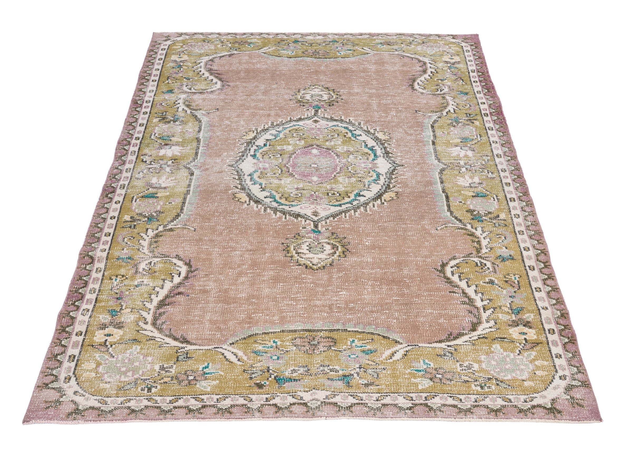 Turkish Isparta area rug in muted pink and straw, view 2 of 10