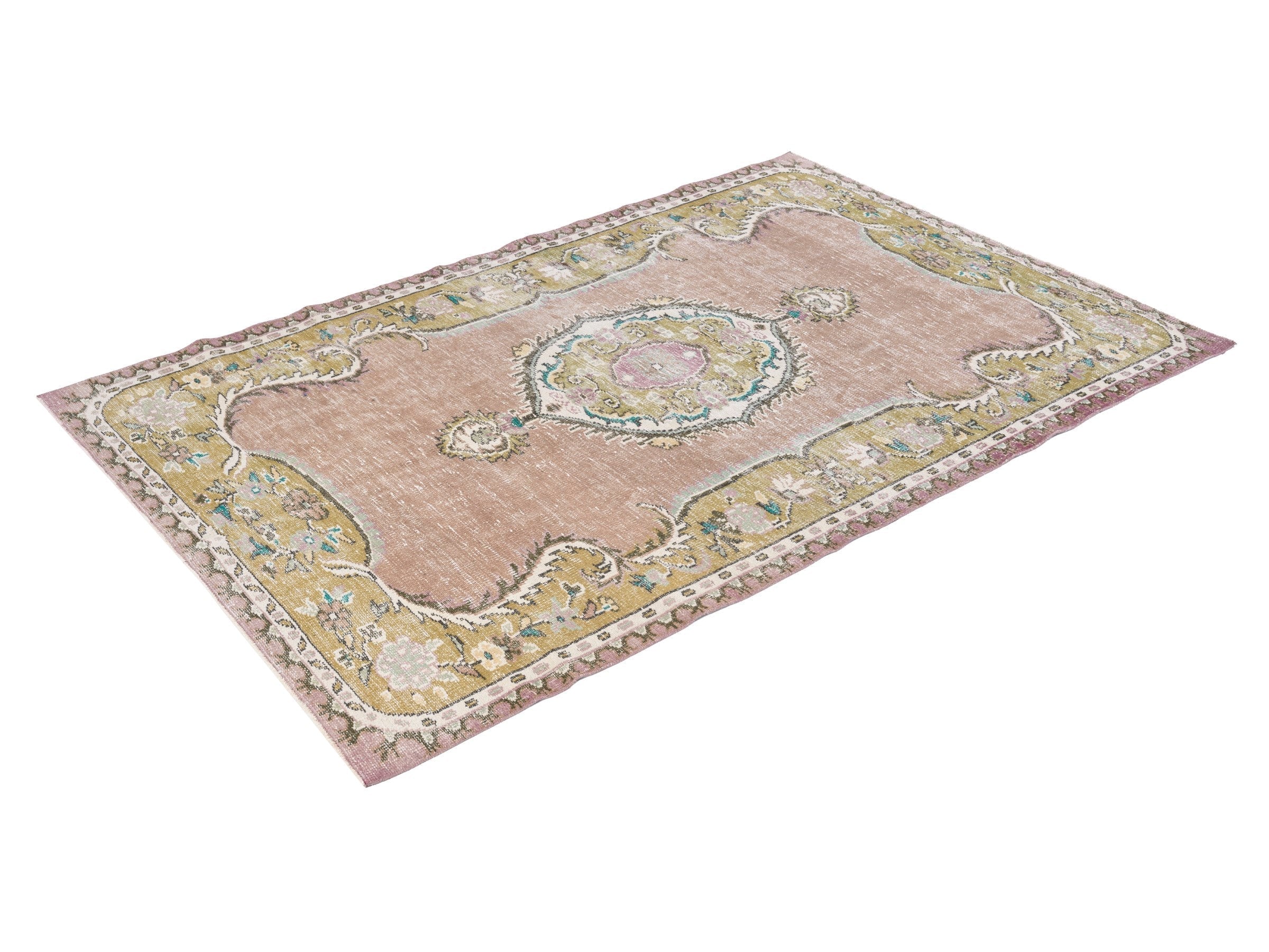 Turkish Isparta area rug in muted pink and straw, view 3 of 10