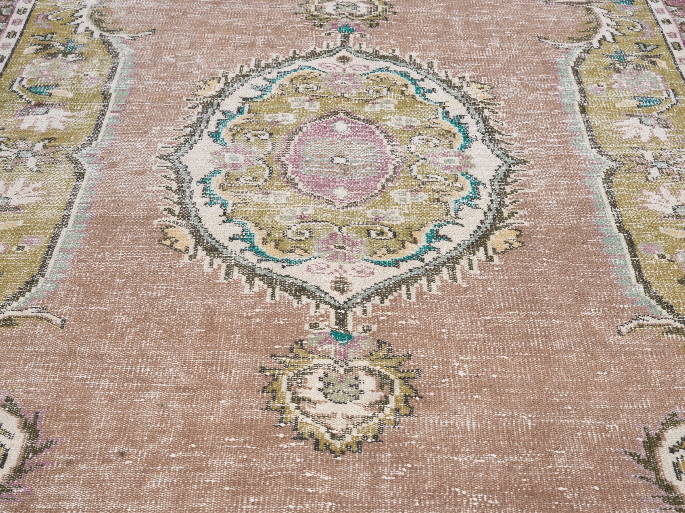Turkish Isparta area rug in muted pink and straw, view 4 of 10