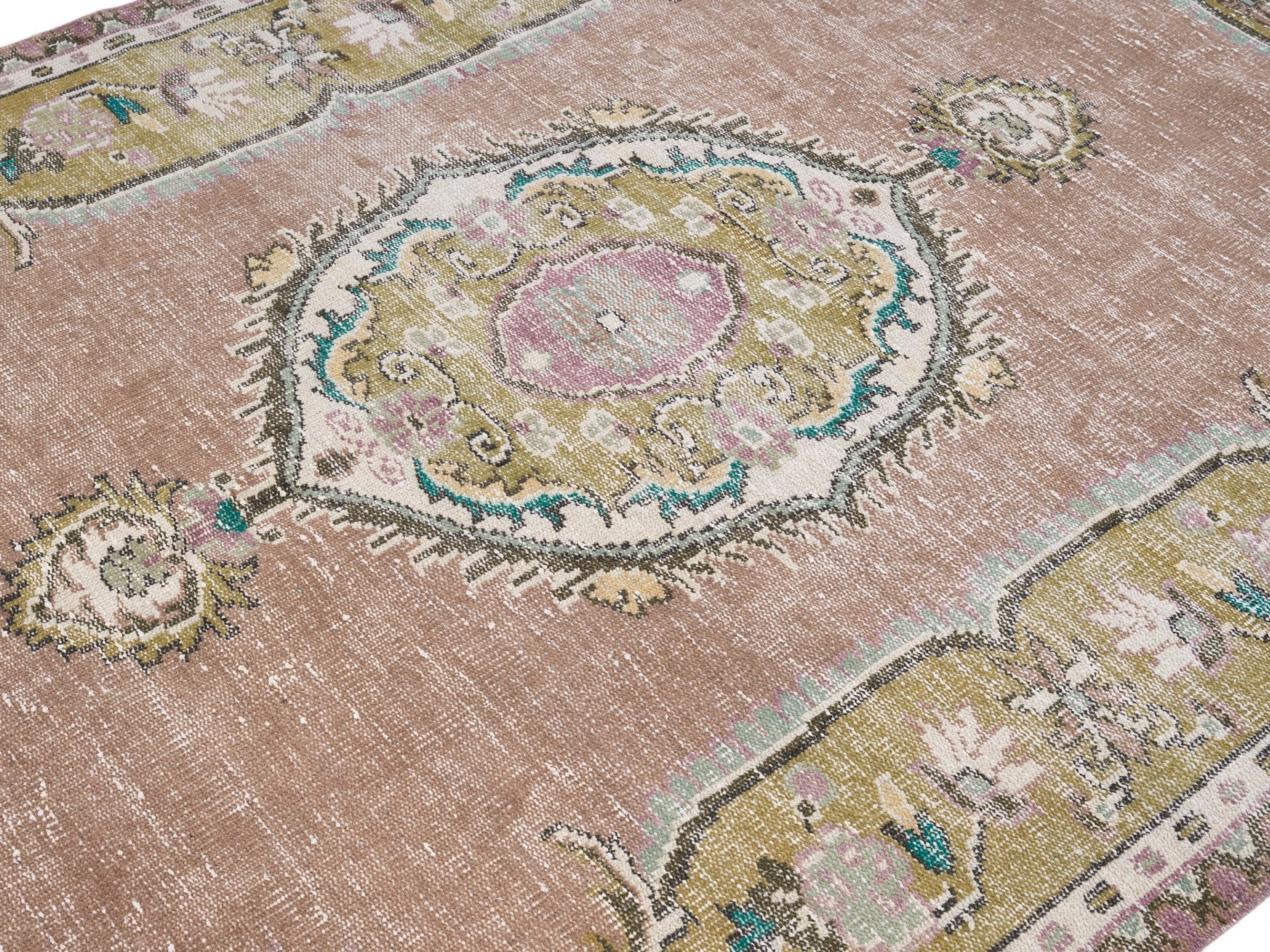 Turkish Isparta area rug in muted pink and straw, view 5 of 10