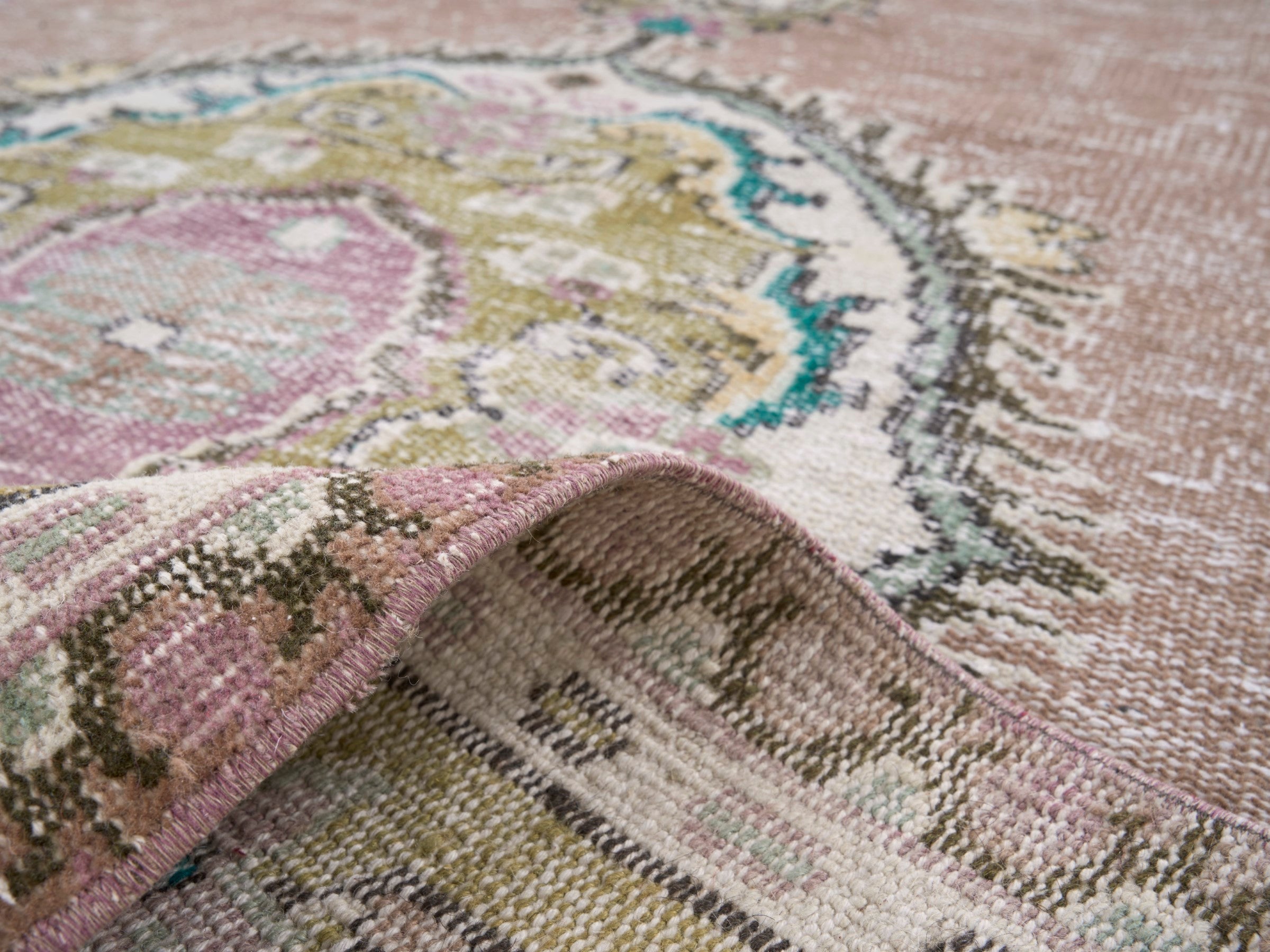 Turkish Isparta area rug in muted pink and straw, view 9 of 10