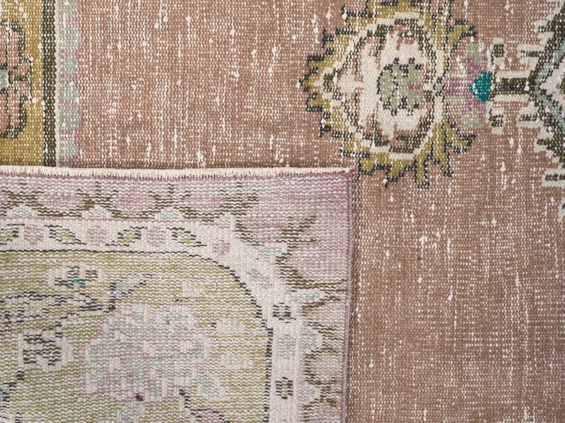 Turkish Isparta area rug in muted pink and straw, view 10 of 10