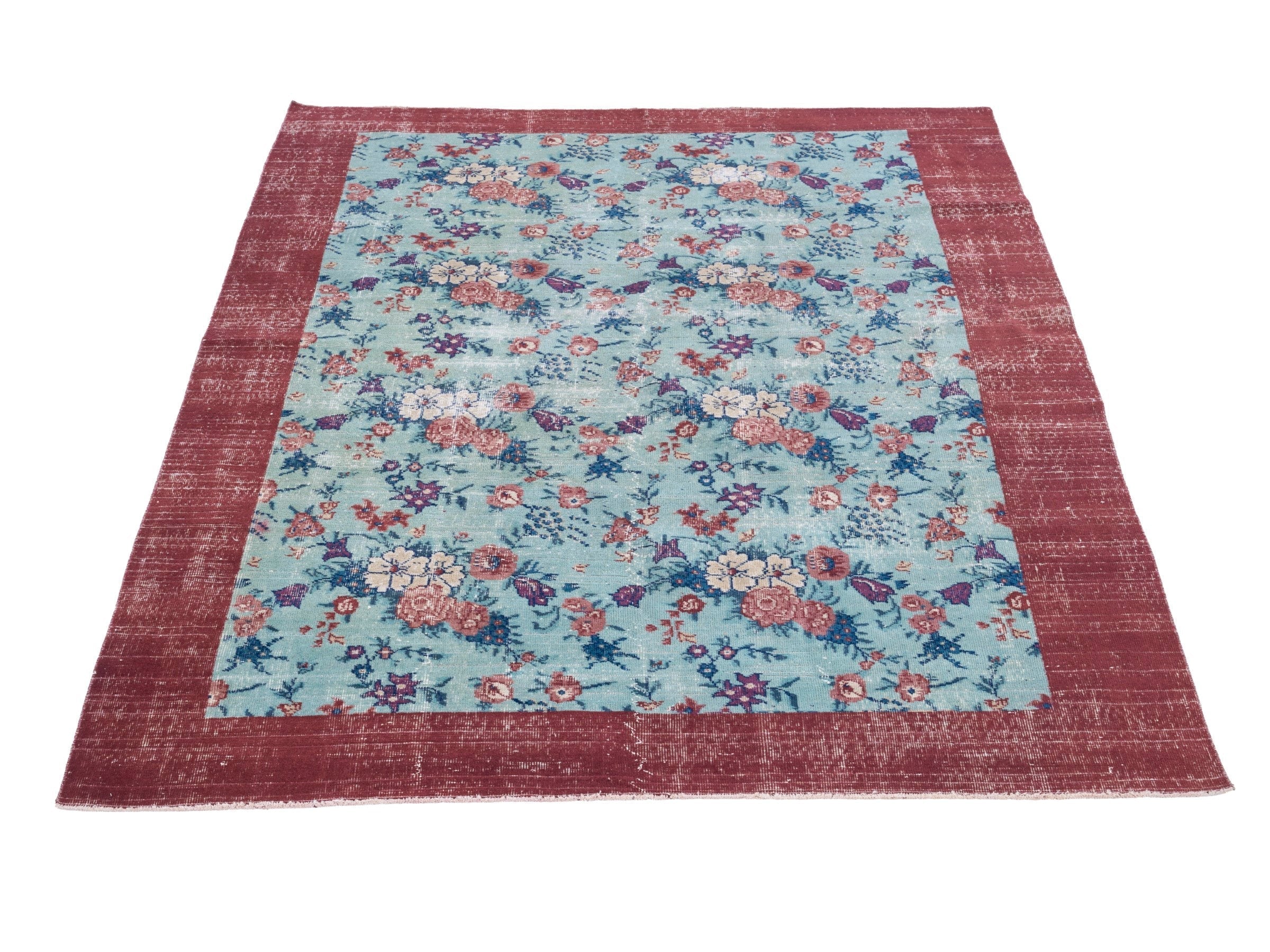 Turkish Isparta area rug in powder blue and burgundy, view 2 of 10