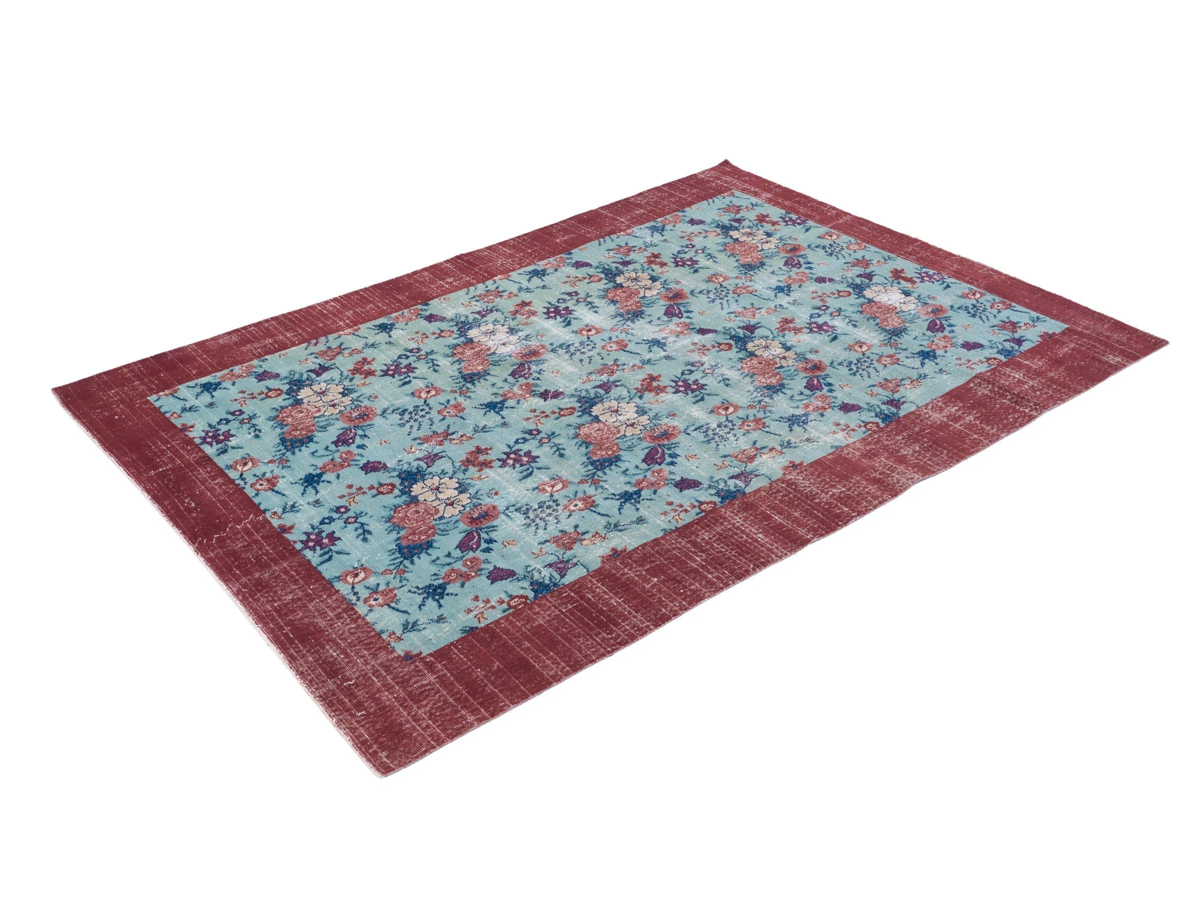 Turkish Isparta area rug in powder blue and burgundy, view 3 of 10