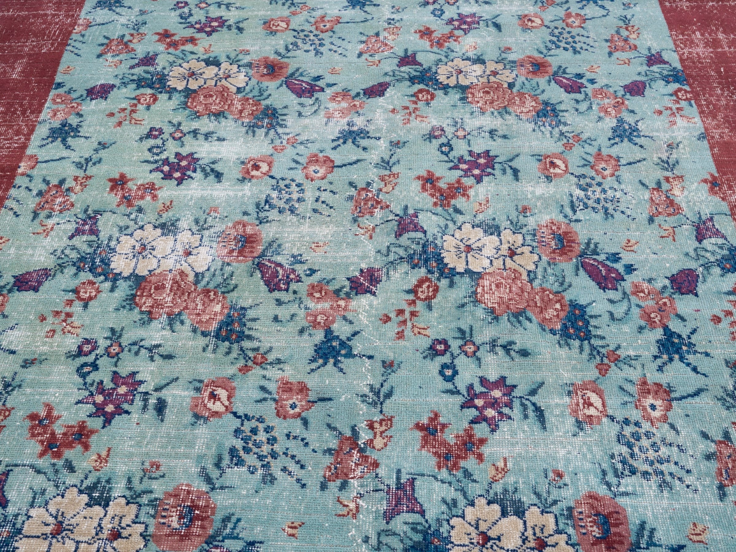 Turkish Isparta area rug in powder blue and burgundy, view 4 of 10