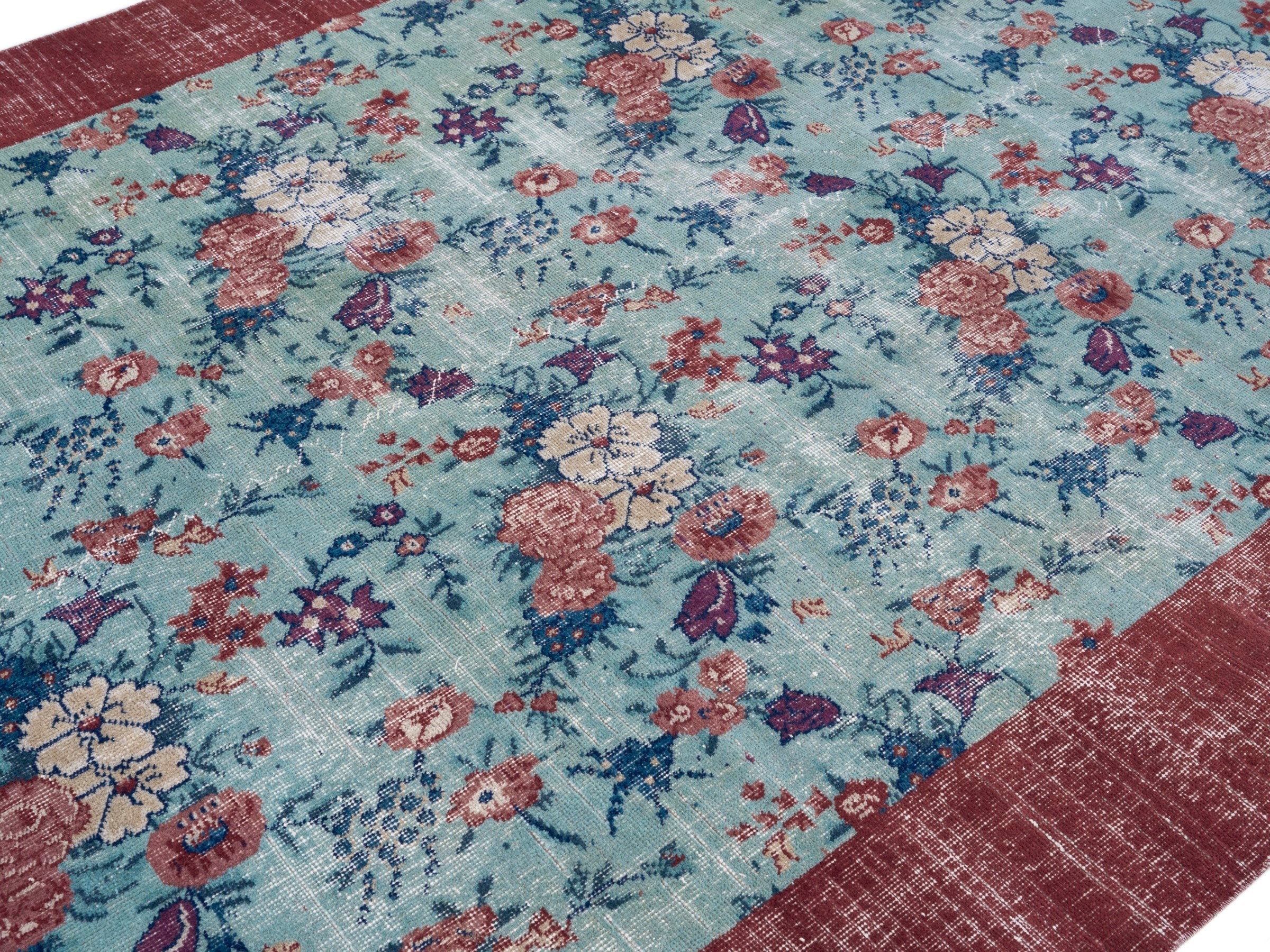 Turkish Isparta area rug in powder blue and burgundy, view 5 of 10