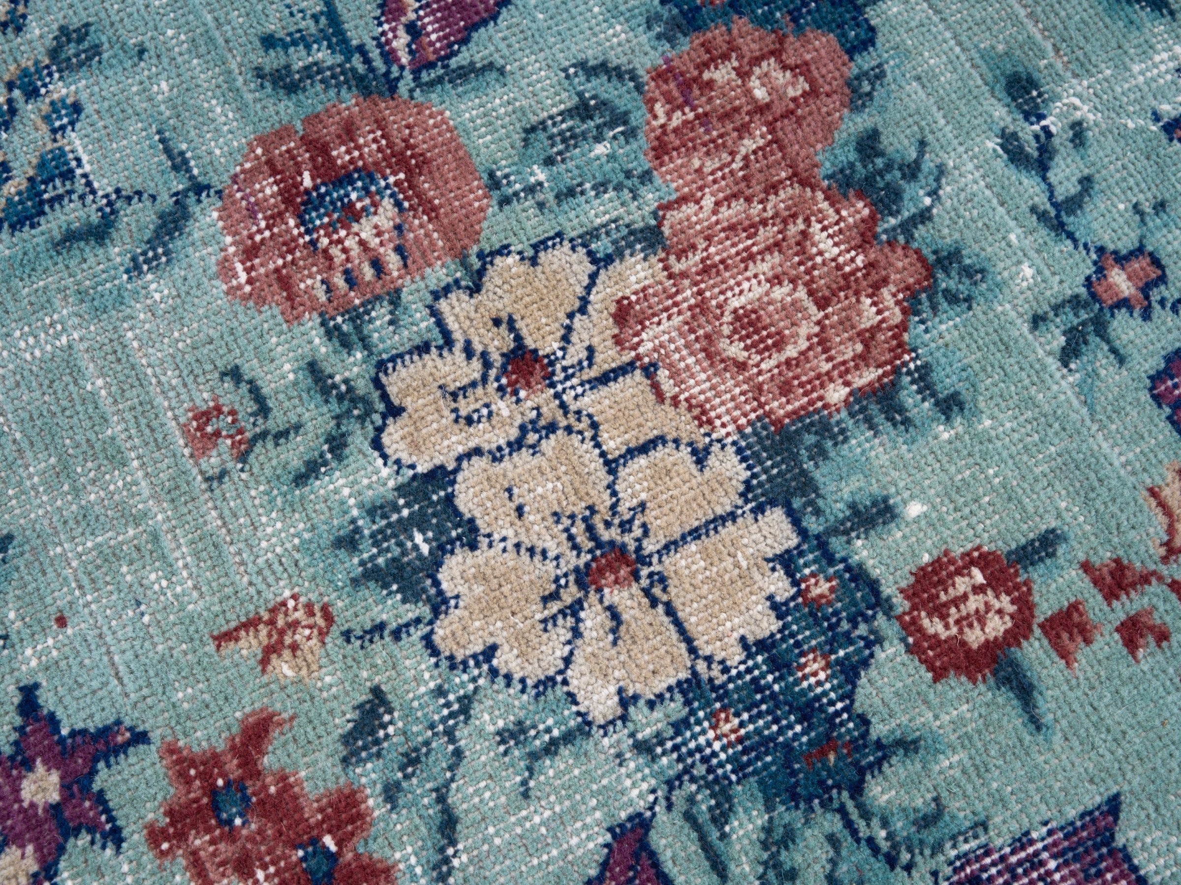 Turkish Isparta area rug in powder blue and burgundy, view 7 of 10