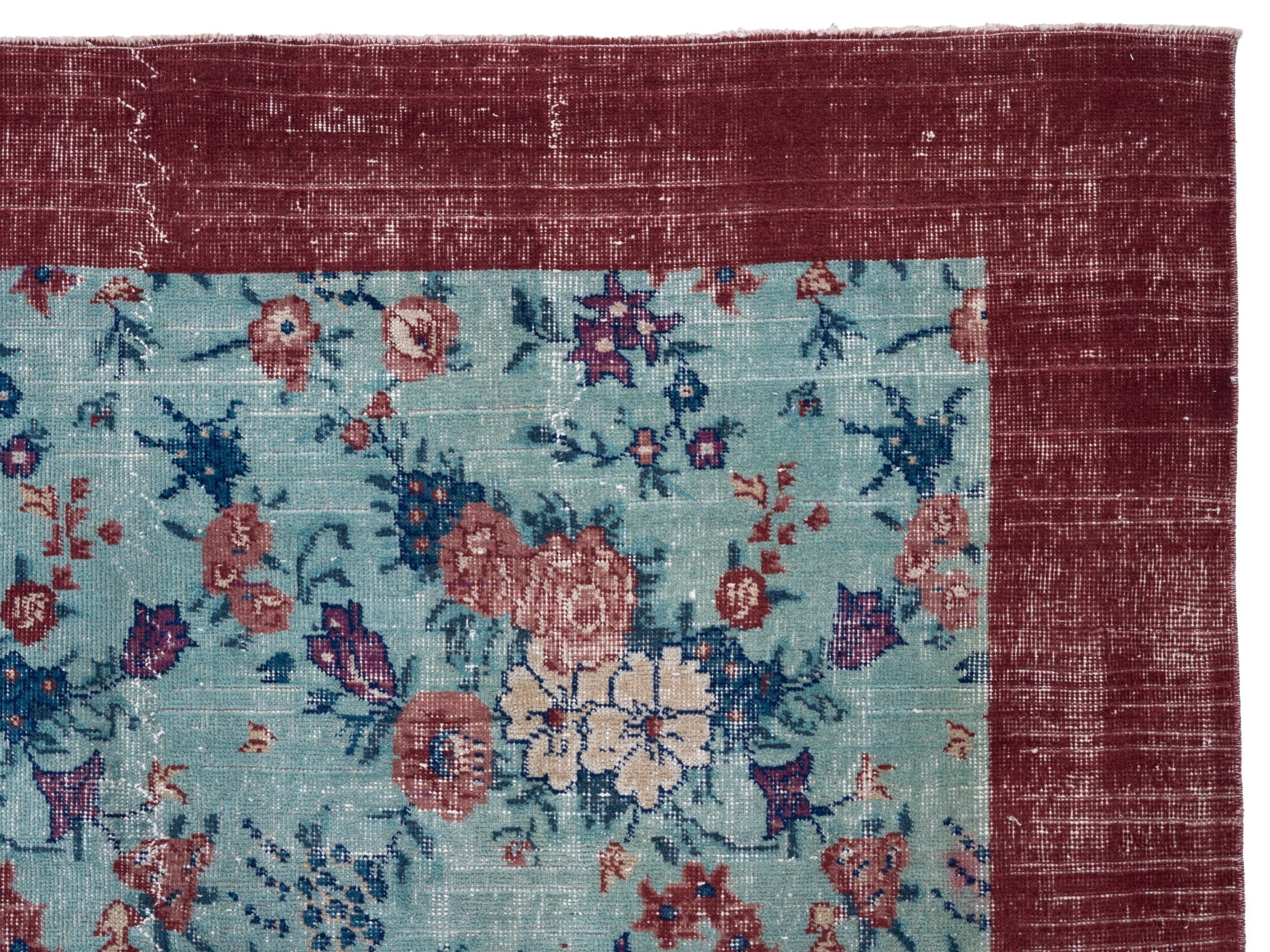 Turkish Isparta area rug in powder blue and burgundy, view 8 of 10
