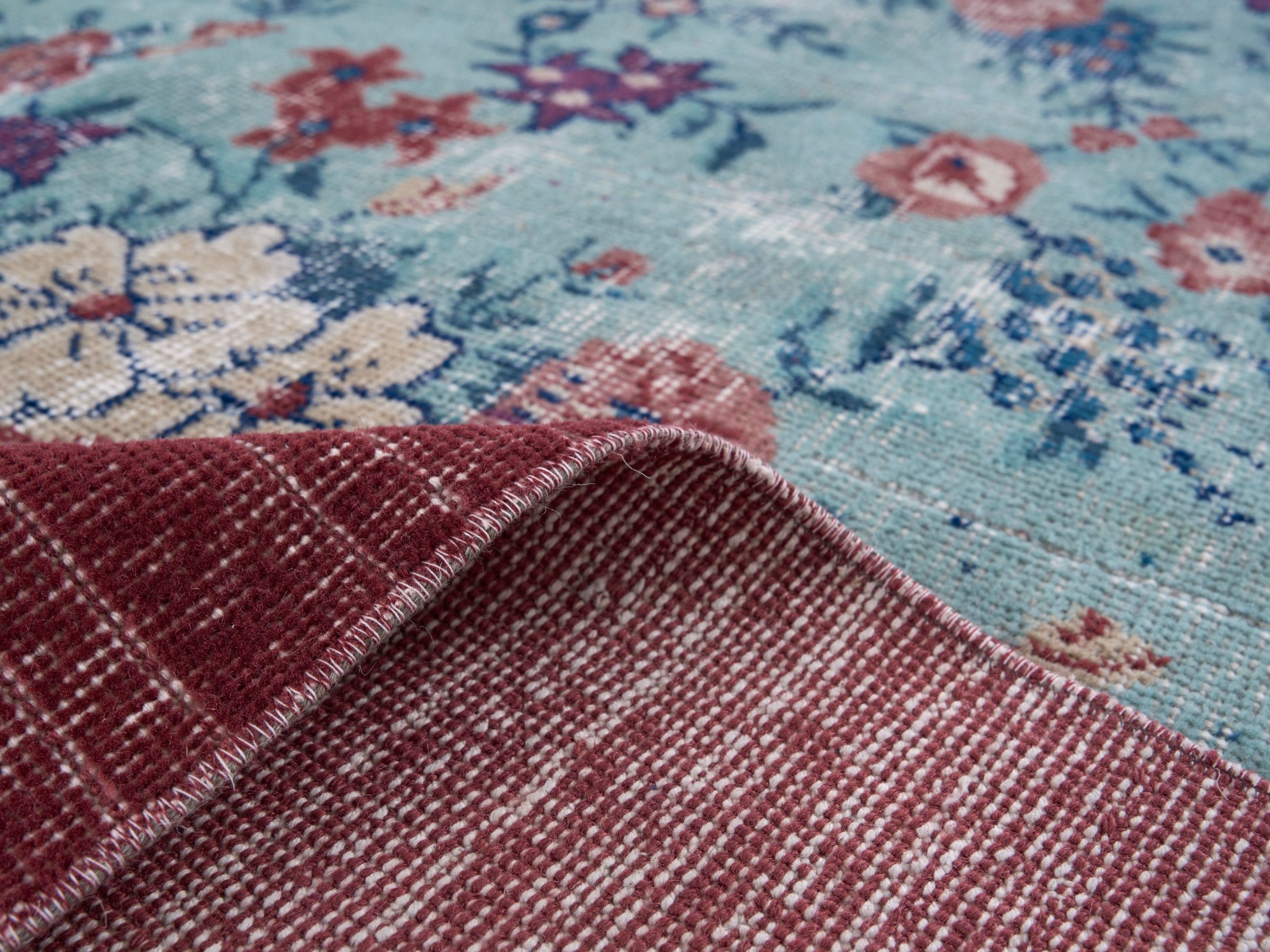 Turkish Isparta area rug in powder blue and burgundy, view 9 of 10