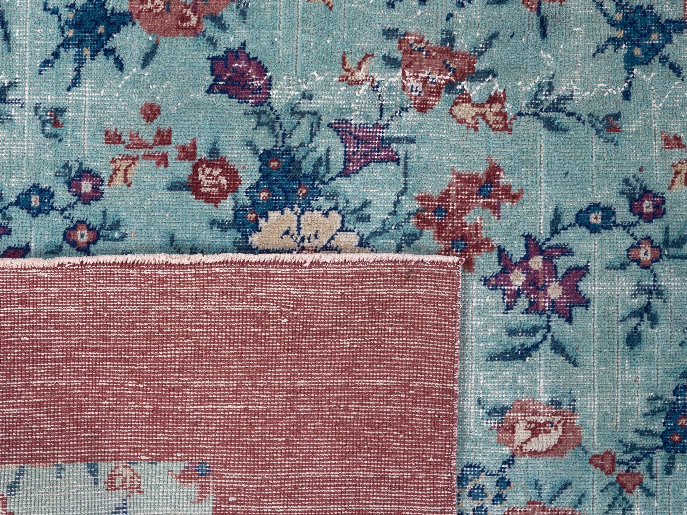 Turkish Isparta area rug in powder blue and burgundy, view 10 of 10