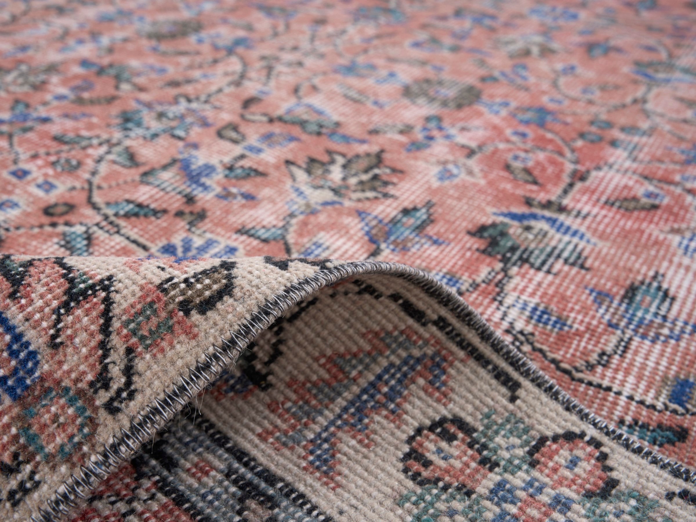 Turkish Isparta area rug in muted pink and cream, view 9 of 10