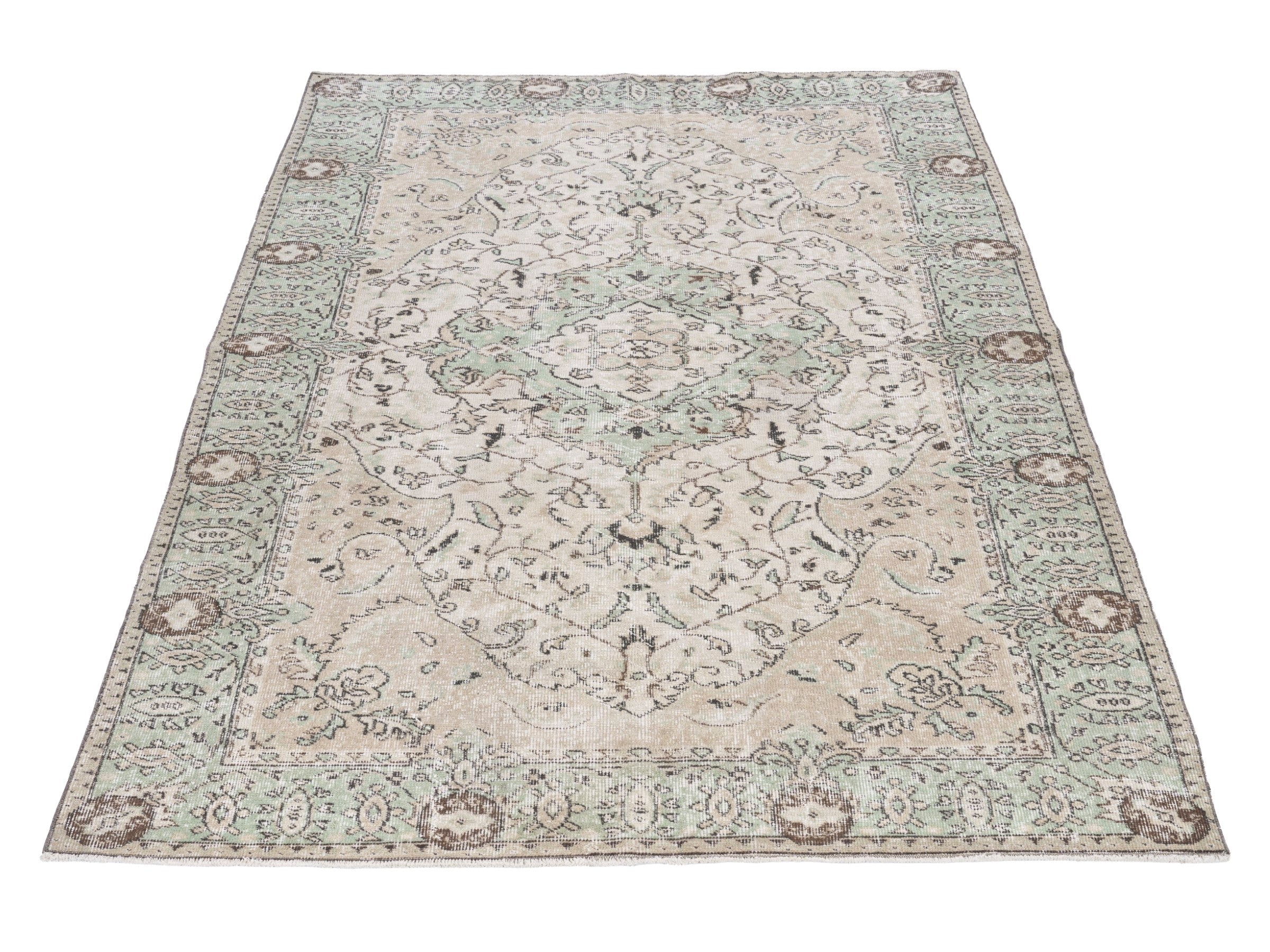 Turkish Isparta area rug in cream and sage, view 2 of 10