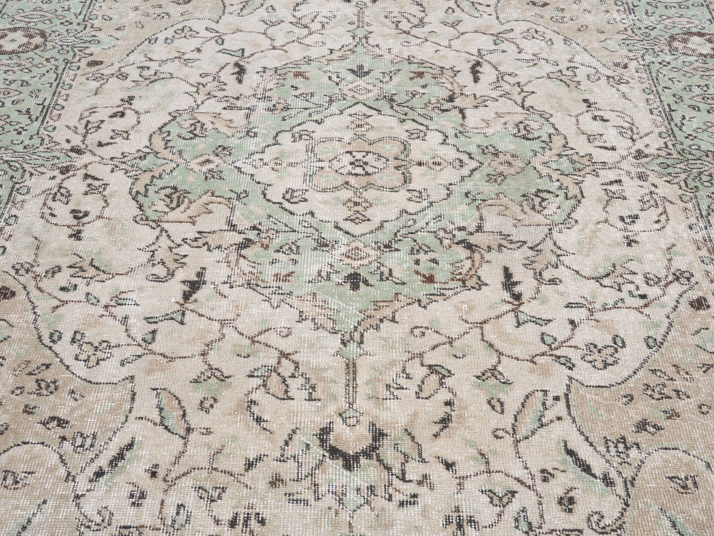 Turkish Isparta area rug in cream and sage, view 4 of 10