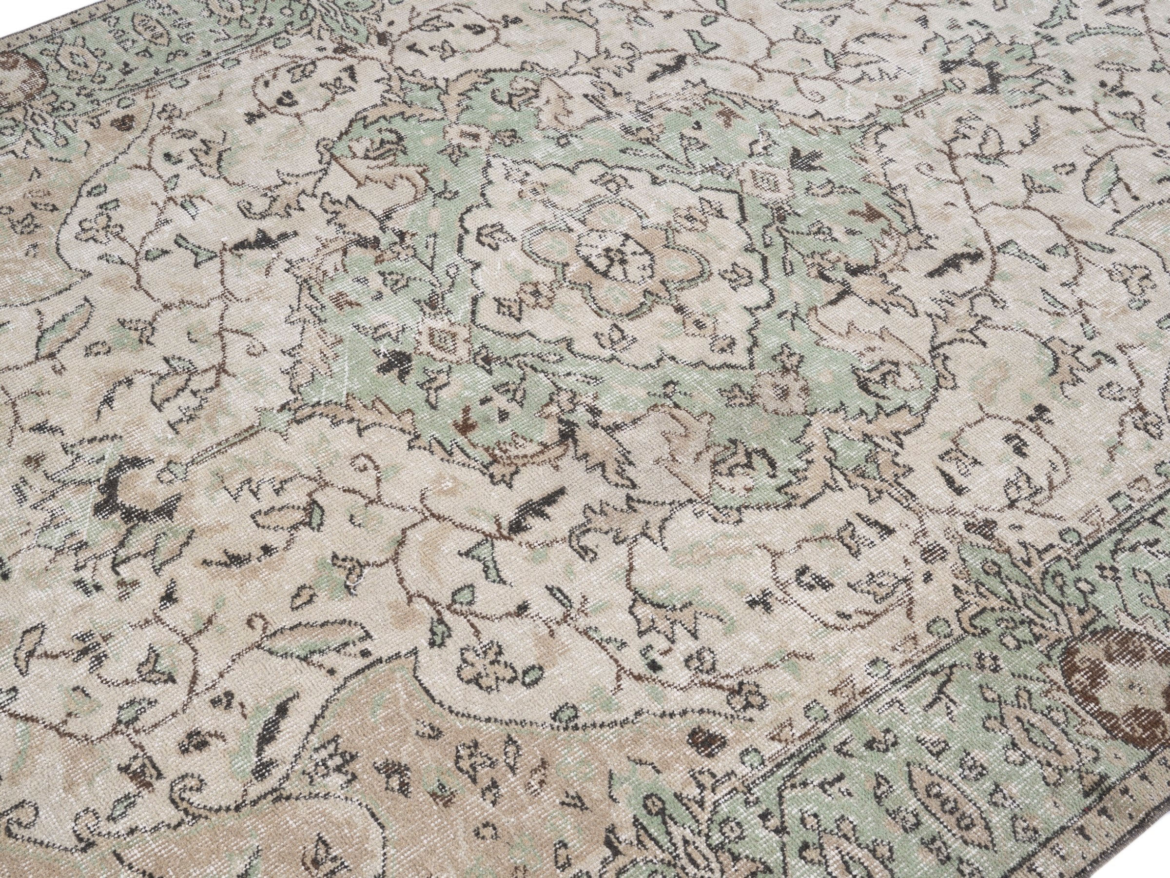 Turkish Isparta area rug in cream and sage, view 5 of 10