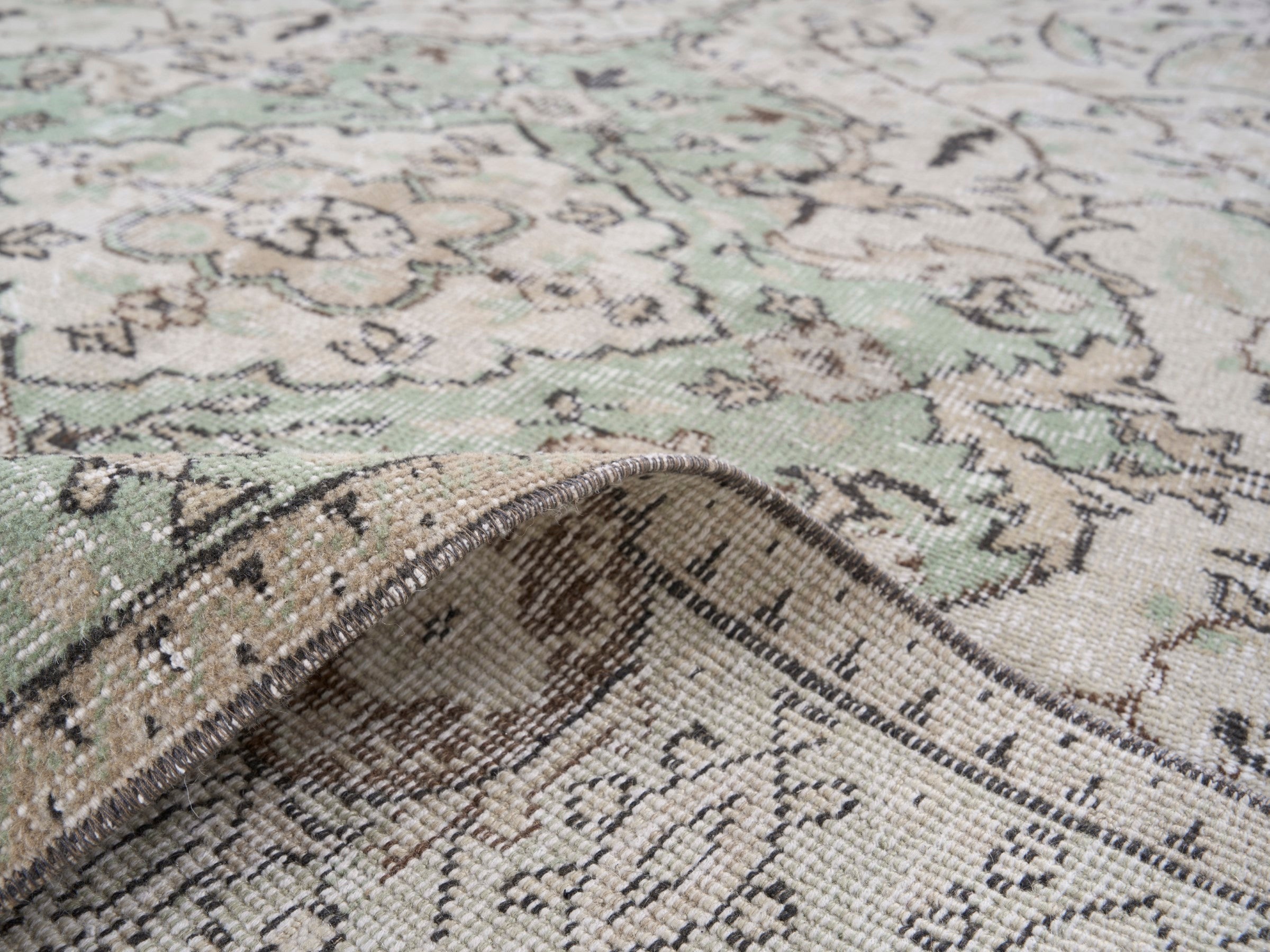 Turkish Isparta area rug in cream and sage, view 9 of 10