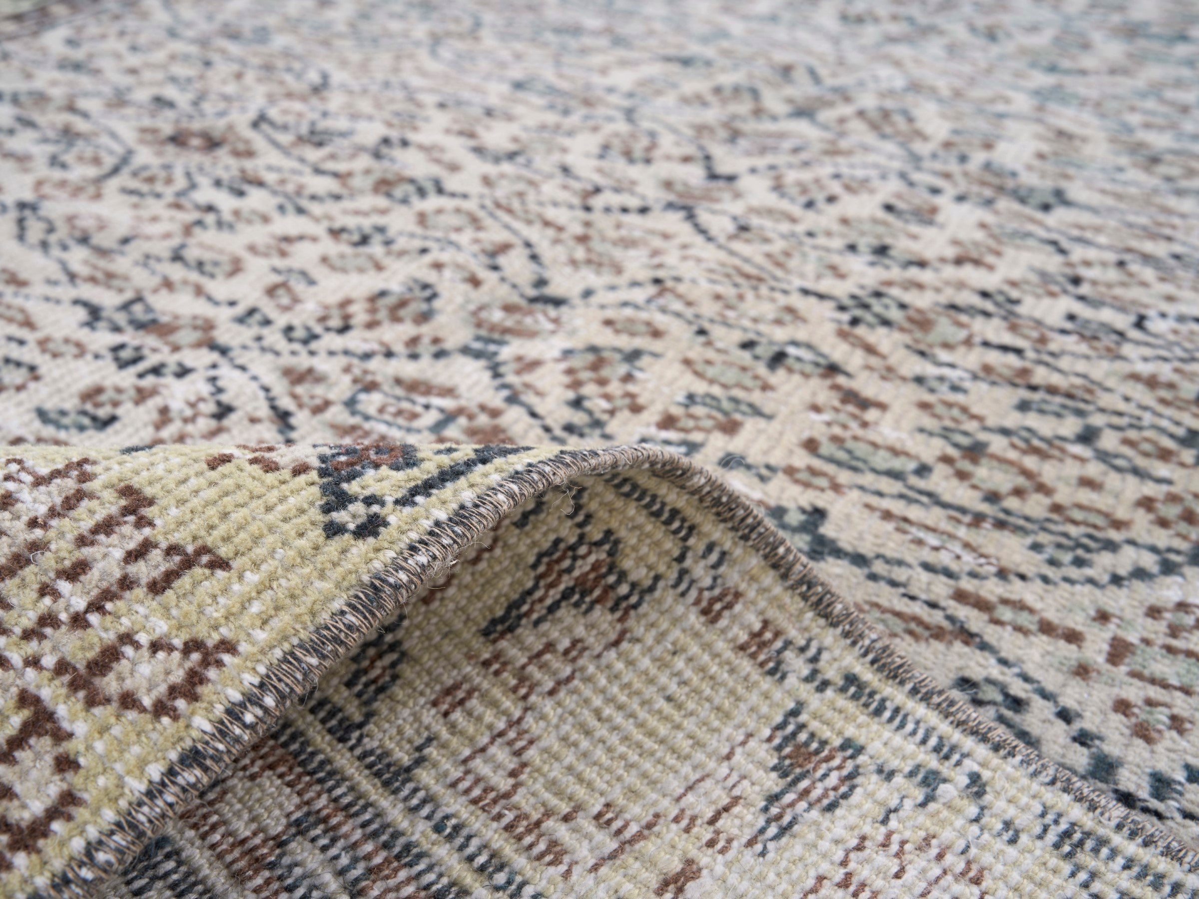 Turkish Manisa area rug in slate blue and straw, view 9 of 10