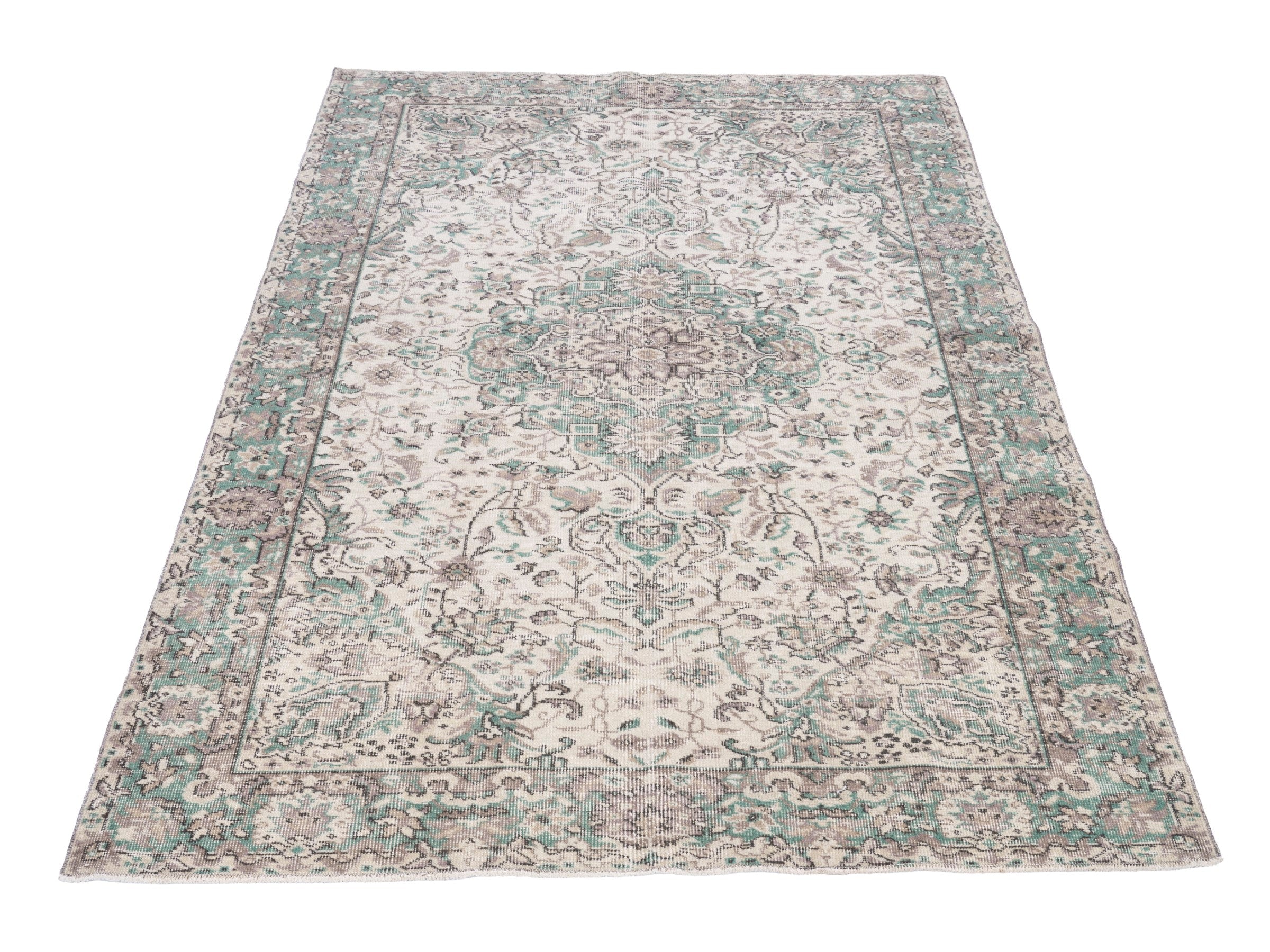 Turkish Isparta area rug in cream and sage, view 2 of 10