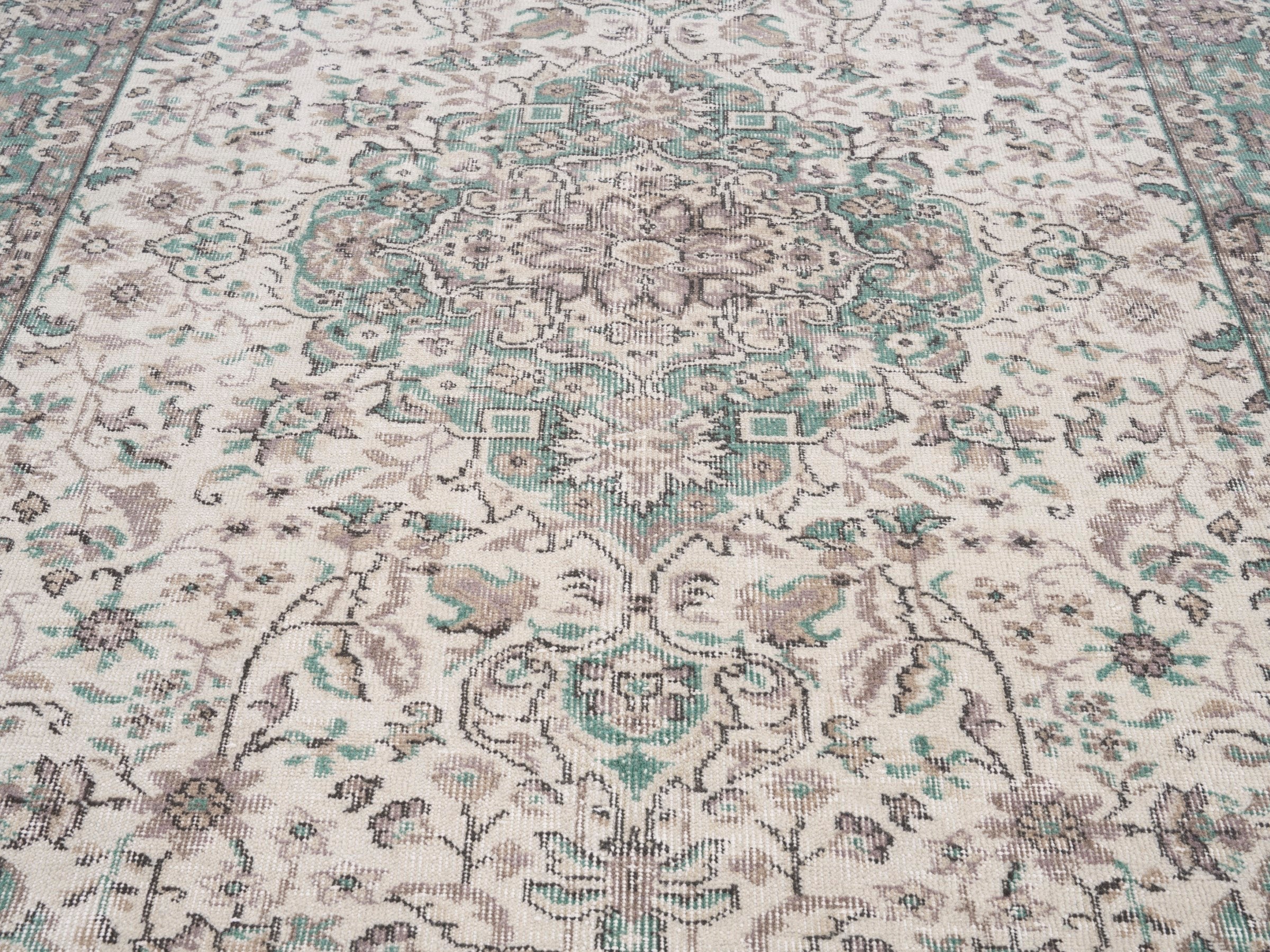 Turkish Isparta area rug in cream and sage, view 4 of 10