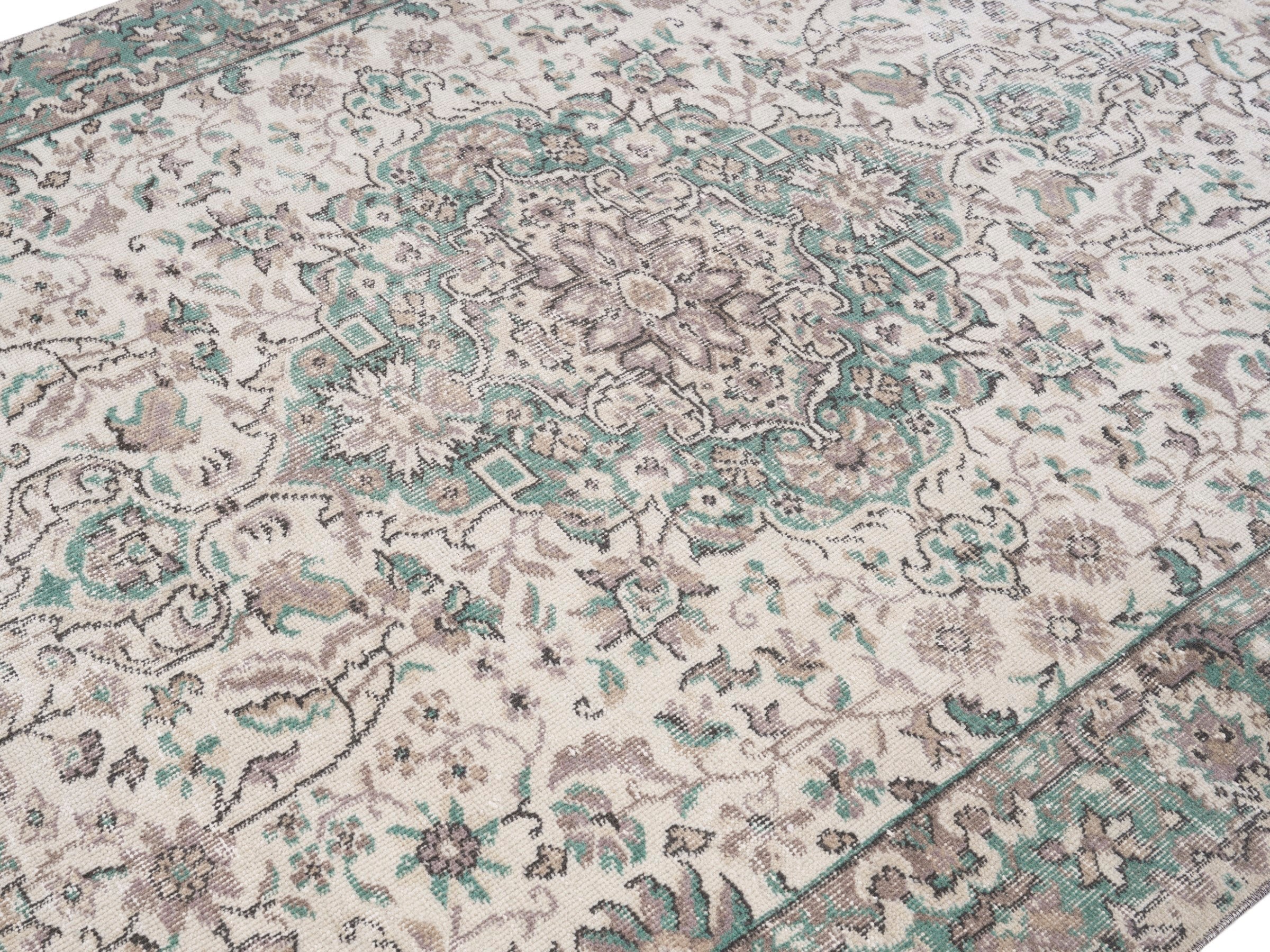 Turkish Isparta area rug in cream and sage, view 5 of 10