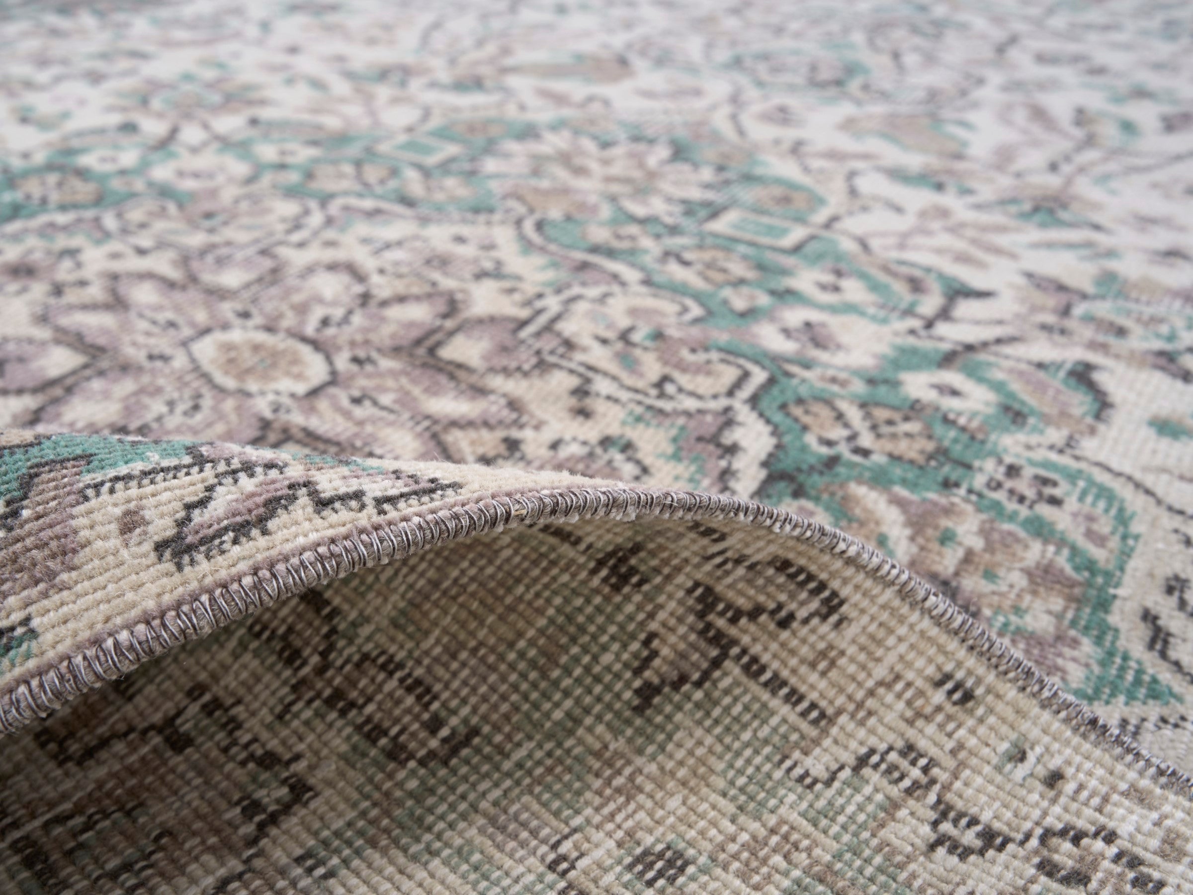 Turkish Isparta area rug in cream and sage, view 9 of 10