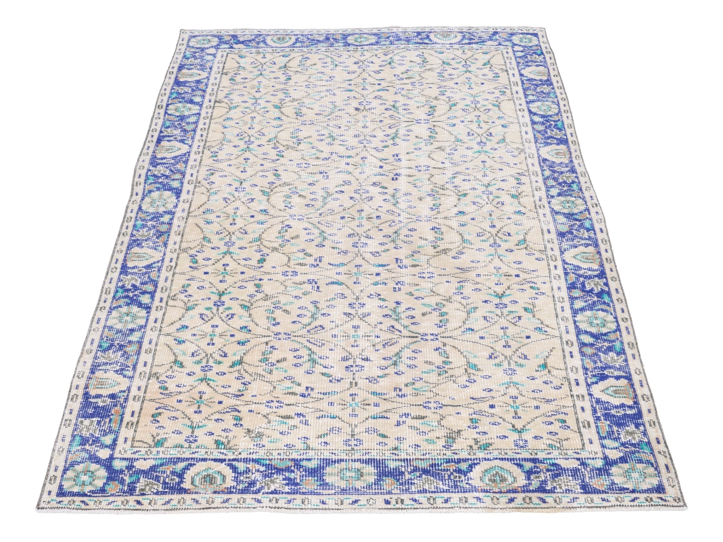 Turkish Manisa area rug in cream and navy, view 2 of 10