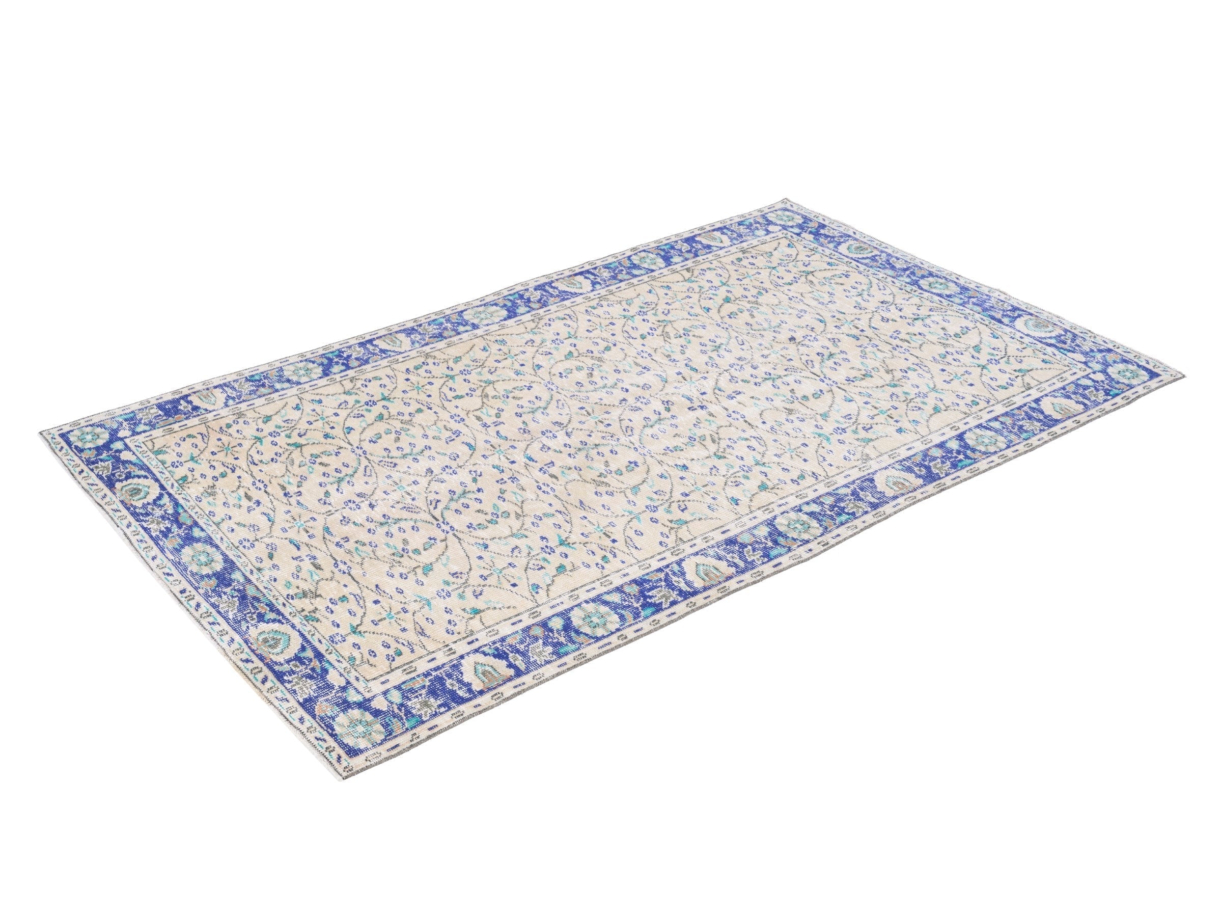 Turkish Manisa area rug in cream and navy, view 3 of 10