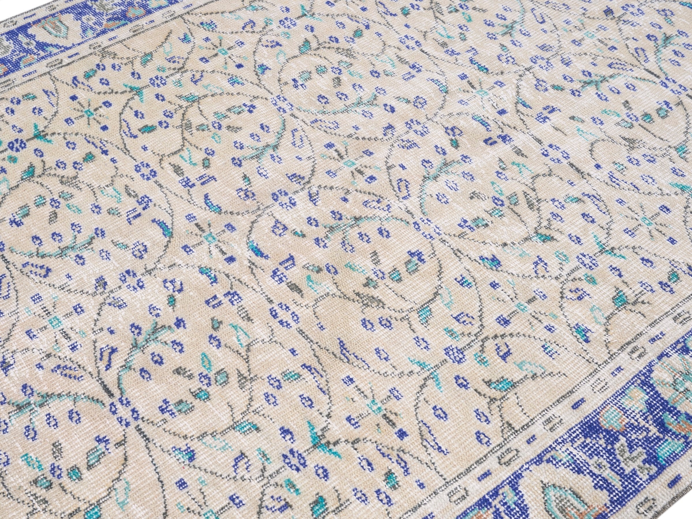 Turkish Manisa area rug in cream and navy, view 5 of 10