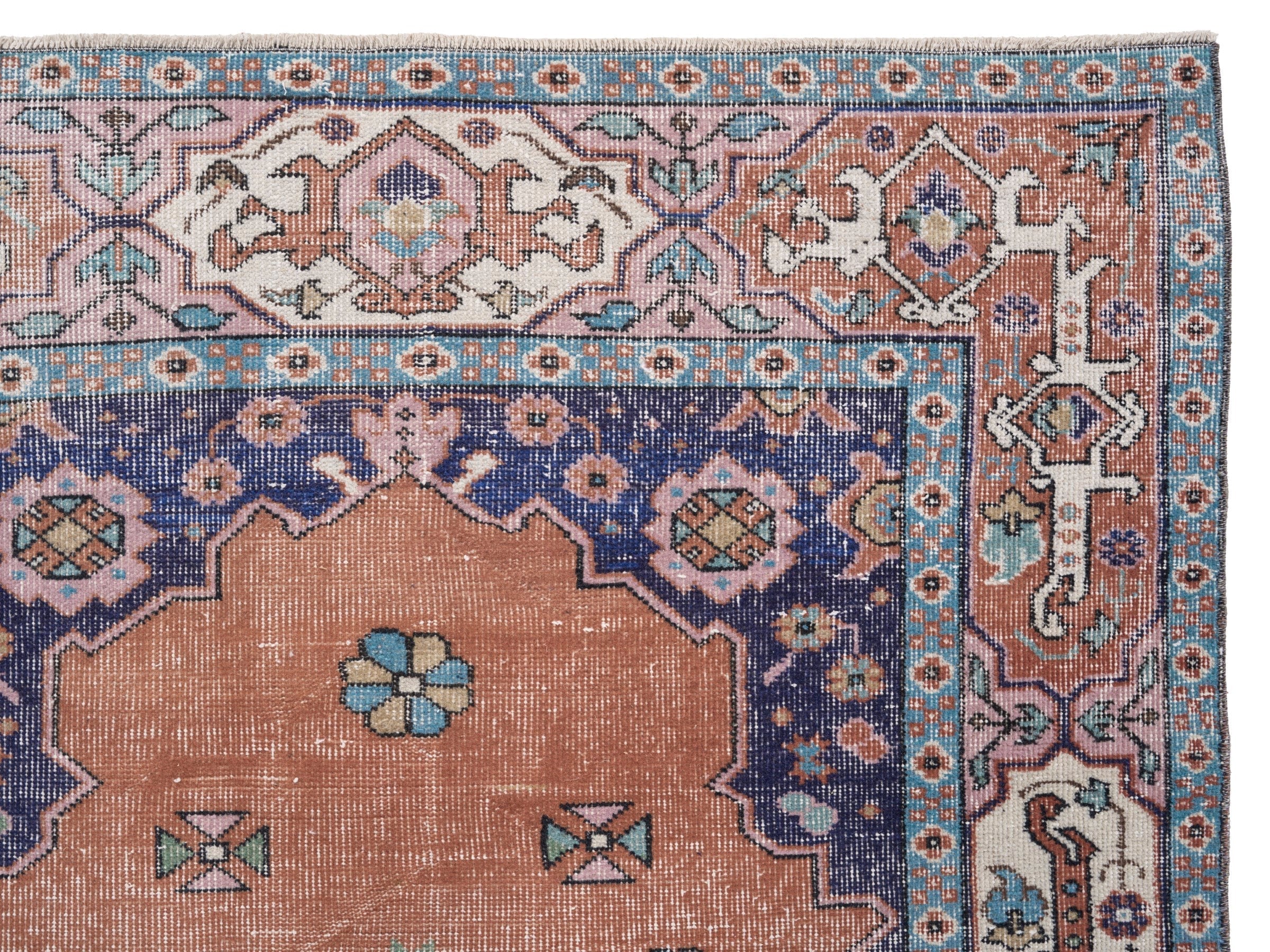 Turkish Isparta area rug in rust and navy, view 8 of 10