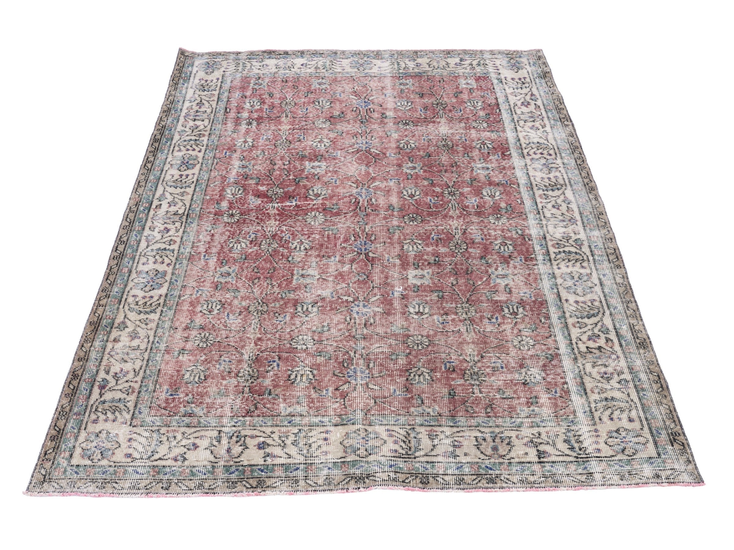 Turkish Isparta area rug in faded red and cream, view 2 of 10