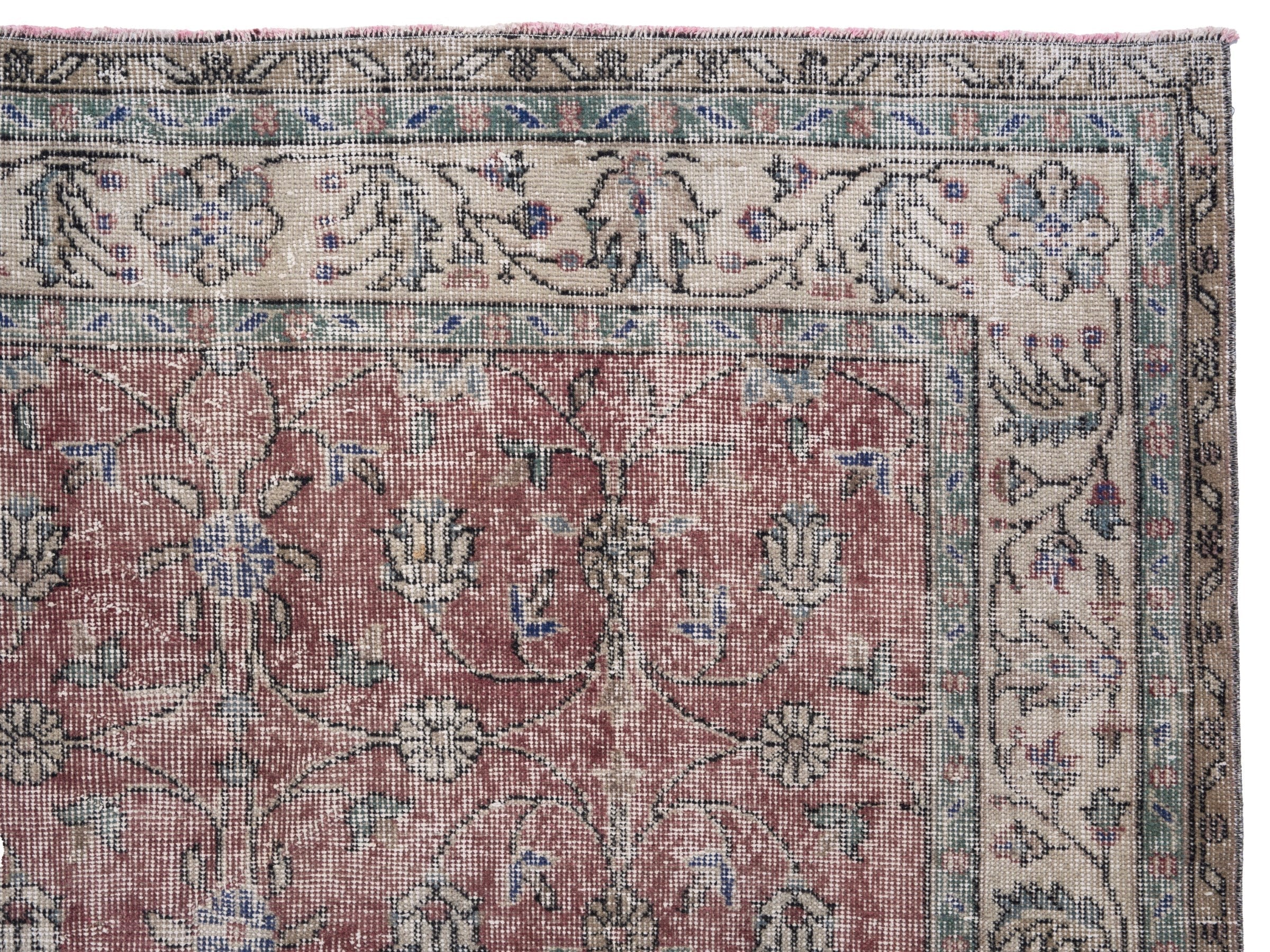 Turkish Isparta area rug in faded red and cream, view 8 of 10