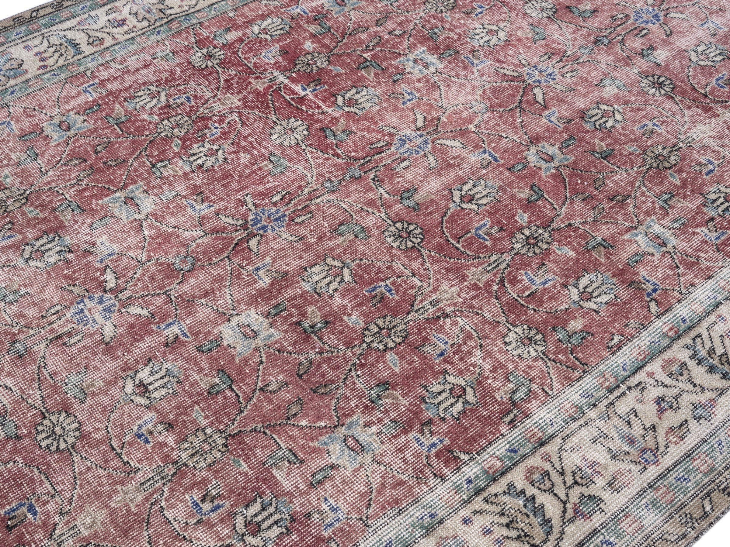 Turkish Isparta area rug in faded red and cream, view 5 of 10