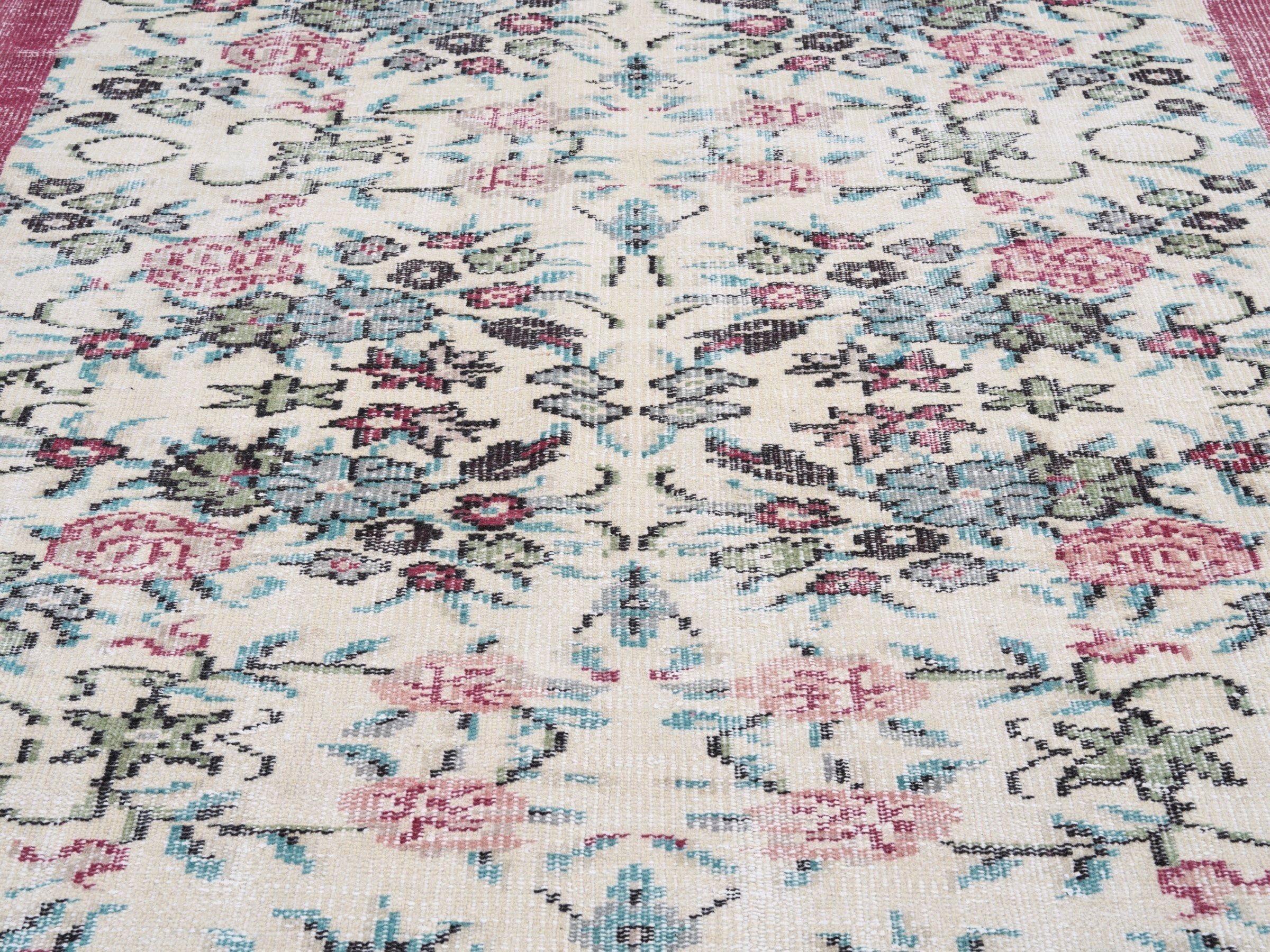 Turkish Manisa area rug in cream and dusty rose, view 4 of 10