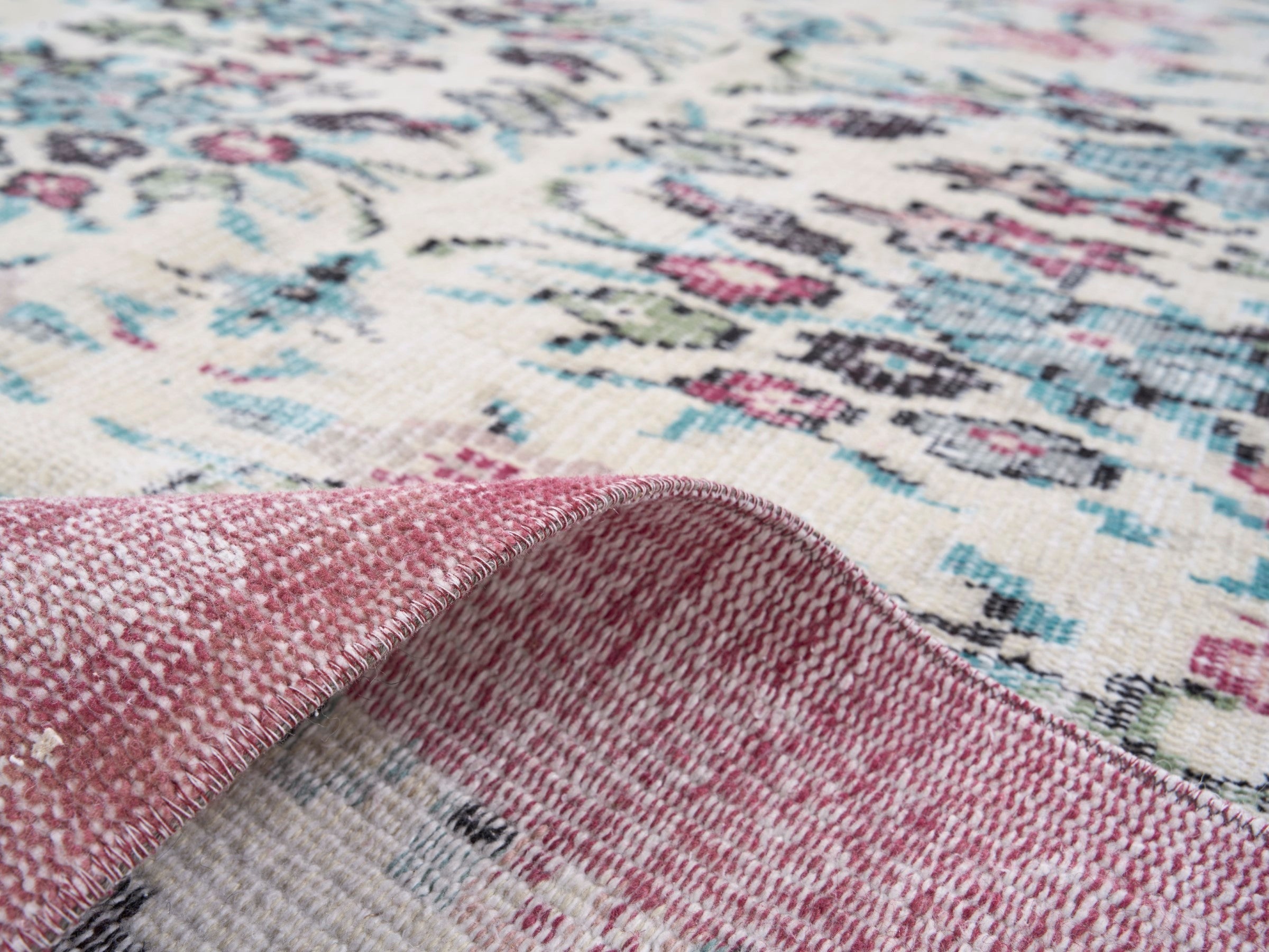 Turkish Manisa area rug in cream and dusty rose, view 9 of 10