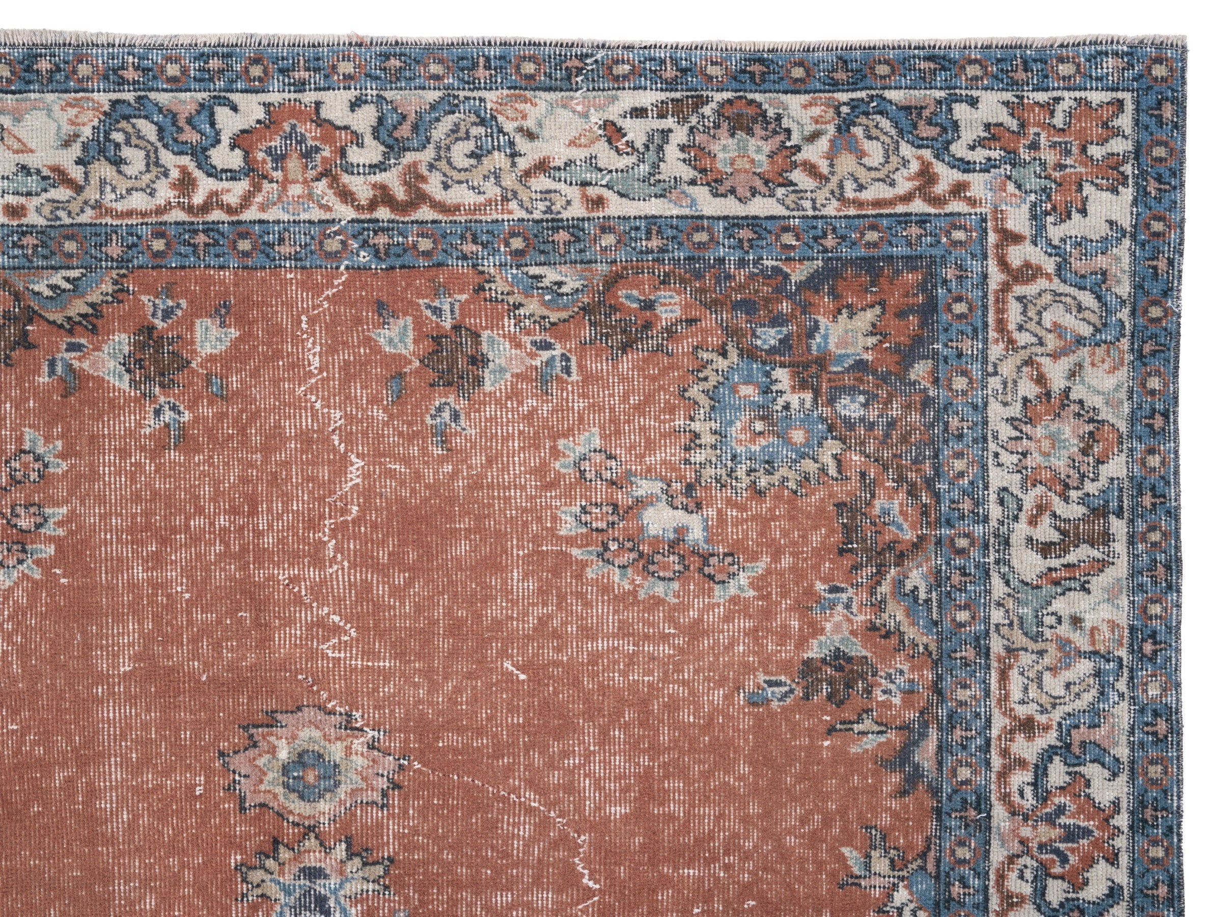 Turkish Isparta area rug in rust and navy, view 8 of 10