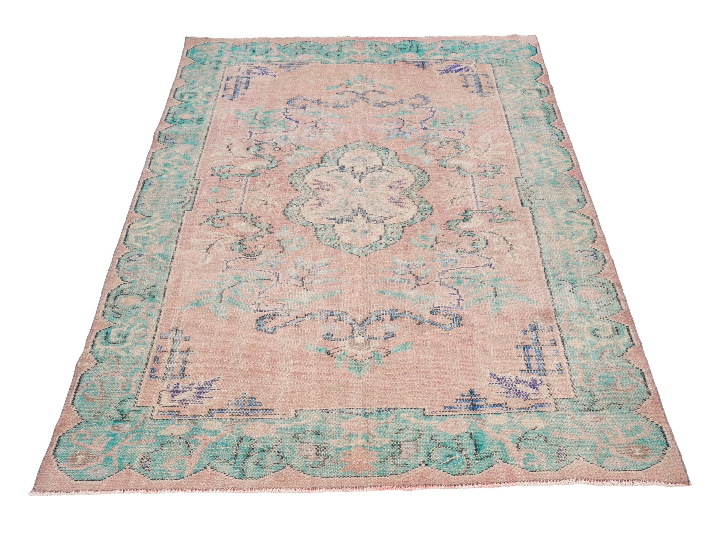 Turkish Manisa area rug in dusty rose and sage, view 2 of 10