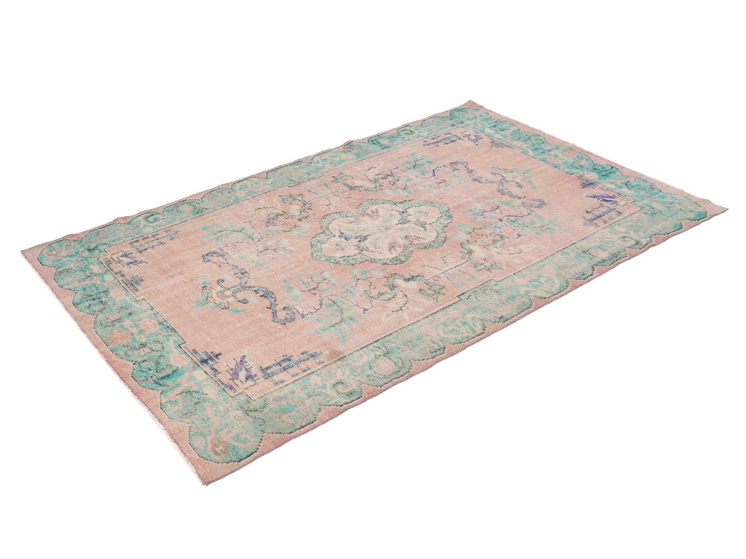 Turkish Manisa area rug in dusty rose and sage, view 3 of 10