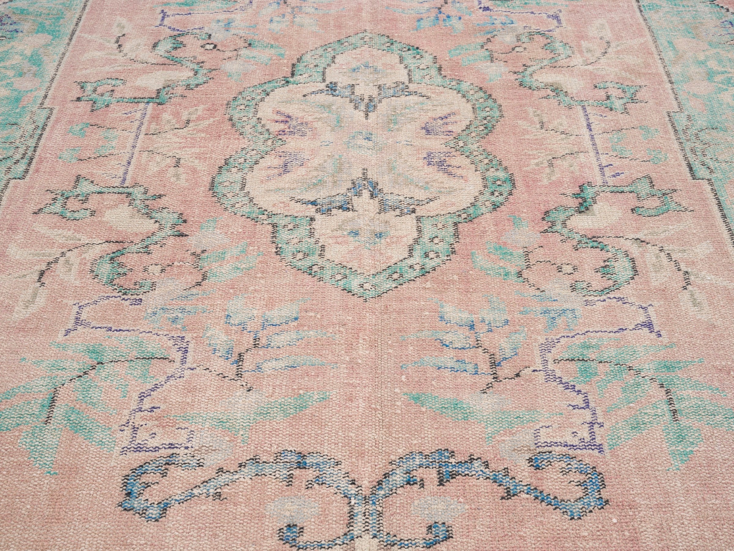 Turkish Manisa area rug in dusty rose and sage, view 4 of 10