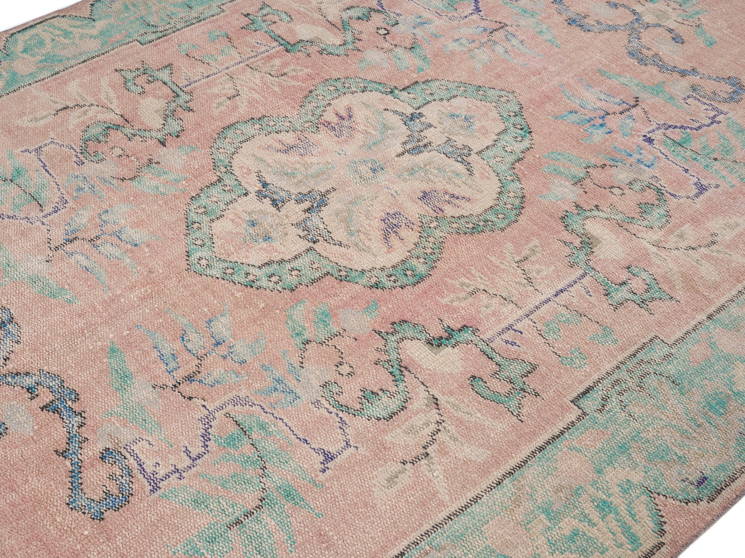 Turkish Manisa area rug in dusty rose and sage, view 5 of 10