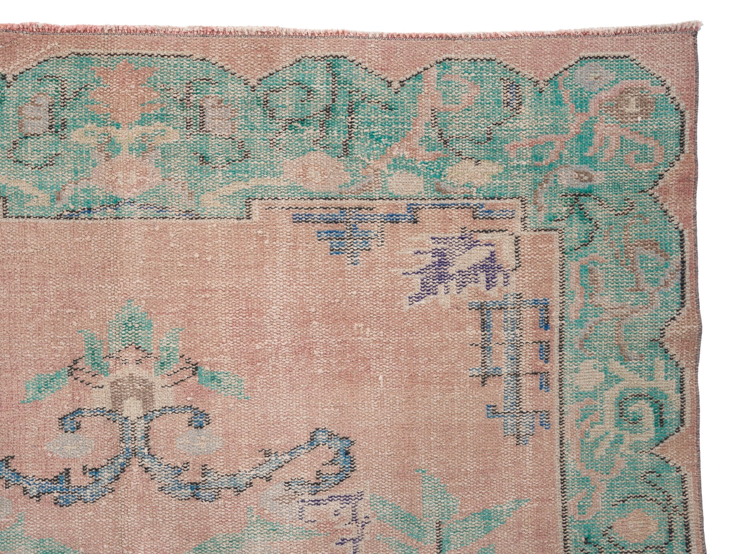 Turkish Manisa area rug in dusty rose and sage, view 8 of 10